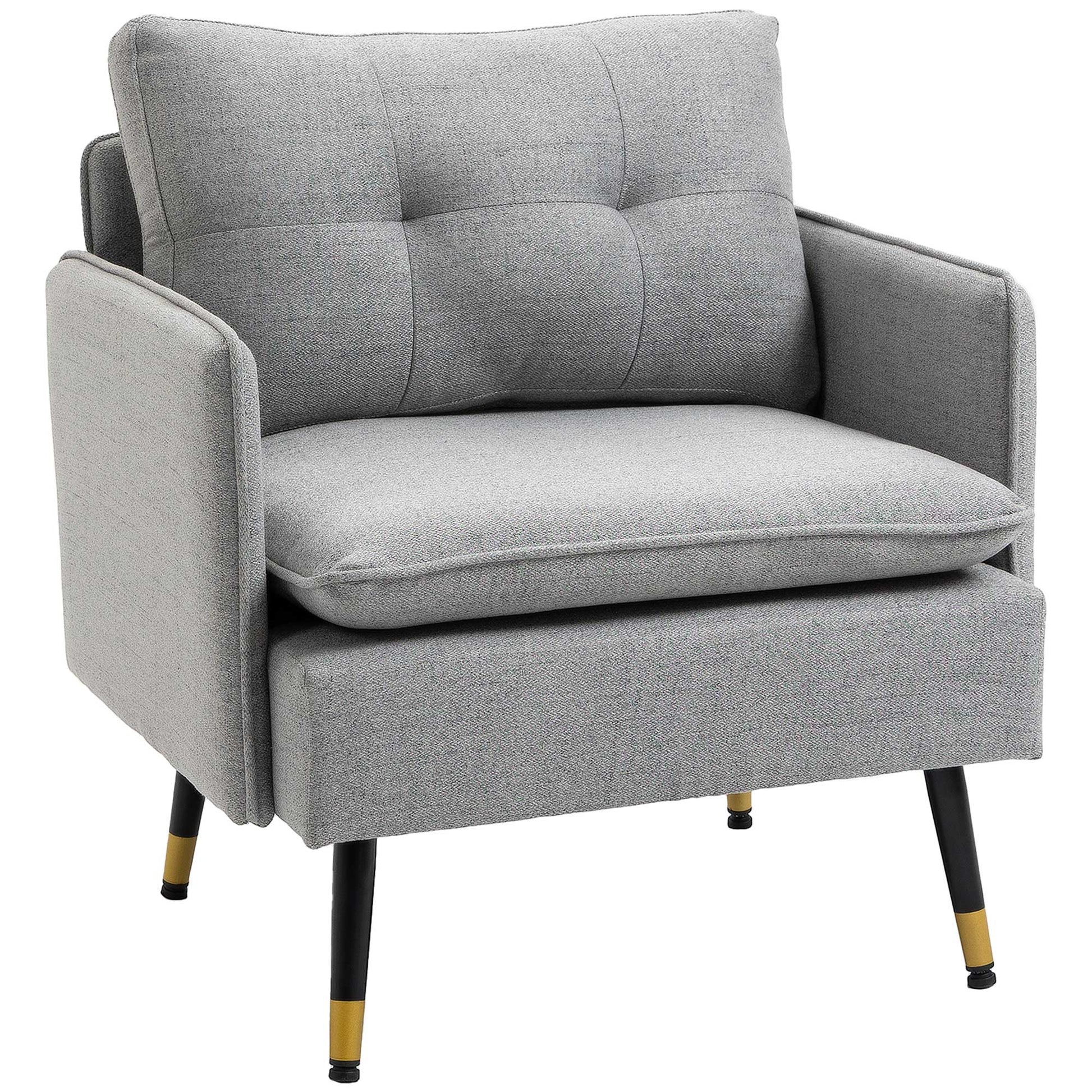 Accent Chair with Cushioned Seat and Back, Upholstered Fabric Armchair for Bedroom, Button Tufted Living Room Chair with Arms and Steel Legs, Grey Accent Chairs Grey  at Gallery Canada