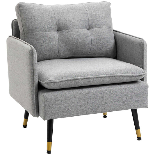 Accent Chair with Cushioned Seat and Back, Upholstered Fabric Armchair for Bedroom, Button Tufted Living Room Chair with Arms and Steel Legs, Grey - Gallery Canada