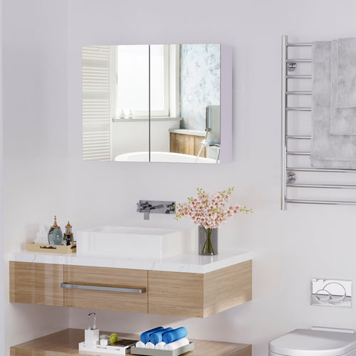 Bathroom Mirror Cabinet, Wall-Mounted Storage Organizer with Double Doors, Adjustable Shelf, Light Lilac