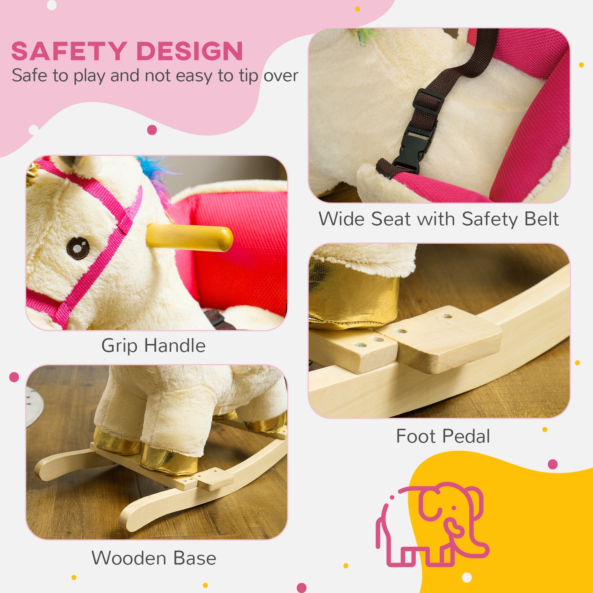 Rocking Horse Unicorn with Sound, Safety Belt, Wooden Base, for 18-36 Months Rocking Horses at Gallery Canada
