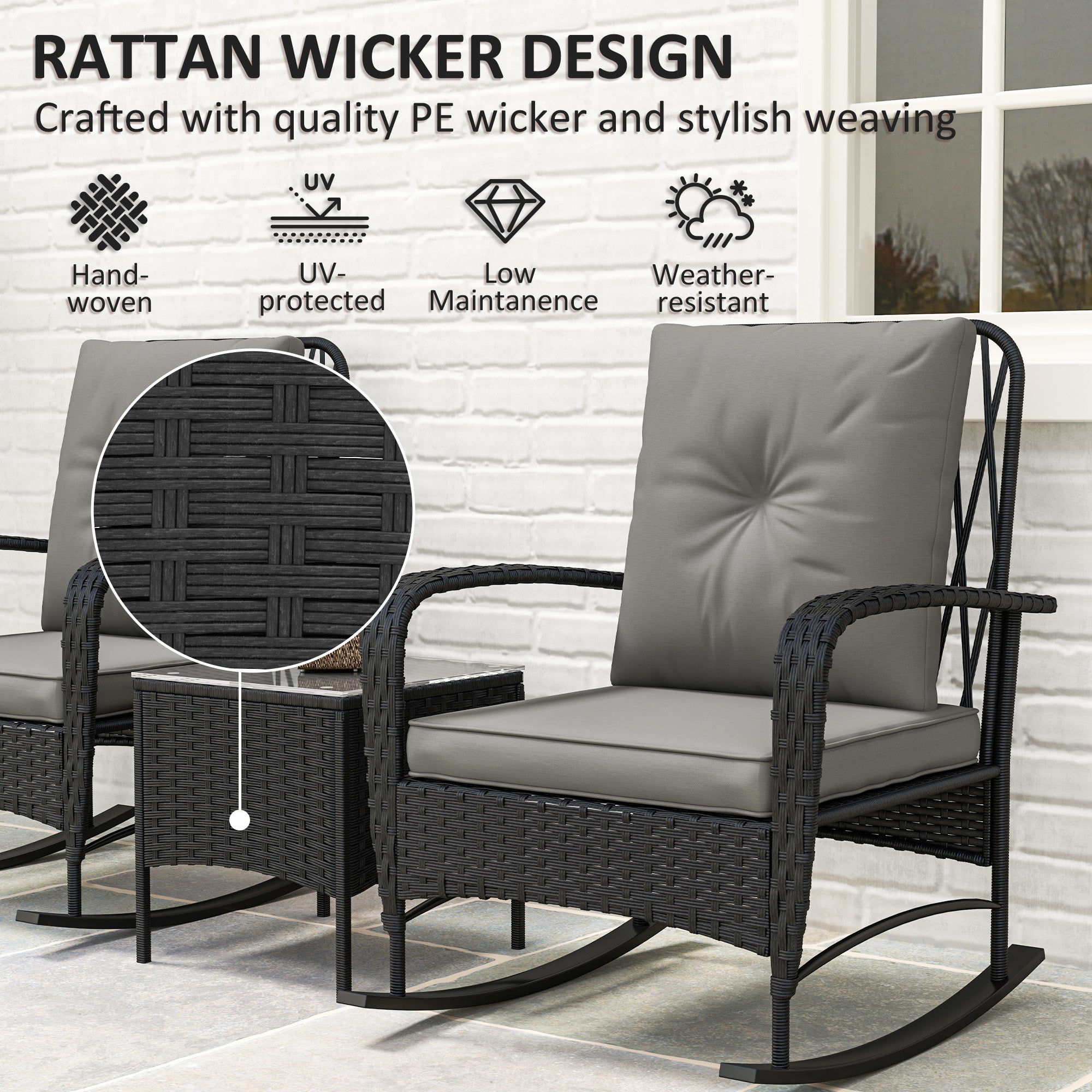3 Pieces Rattan Bistro Set, Wicker Patio Furniture with Rocking Chairs, Thick Cushions for Porch Balcony, Grey Bistro Sets at Gallery Canada