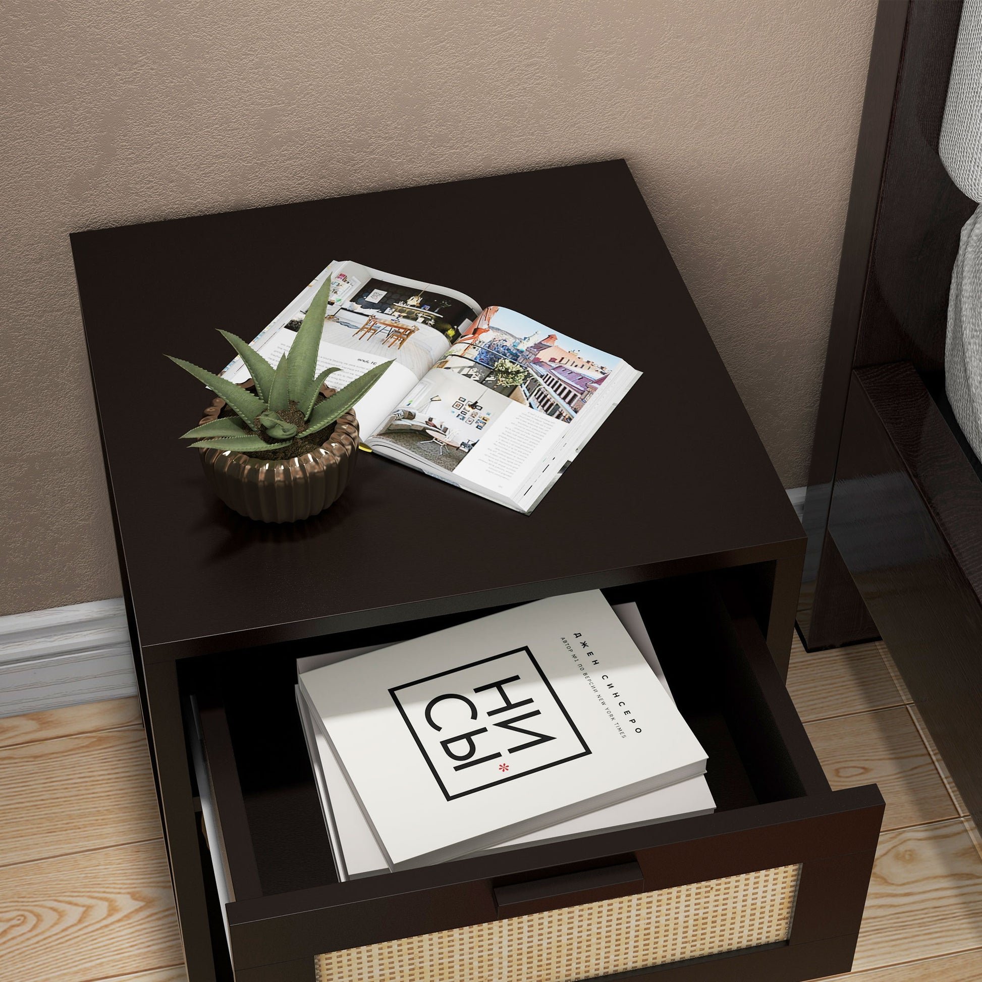 Modern Bedside Table, Accent Nightstand with Drawer and Open Shelf, Bed End Table for Bedroom, Living Room, Black Bedside Tables   at Gallery Canada