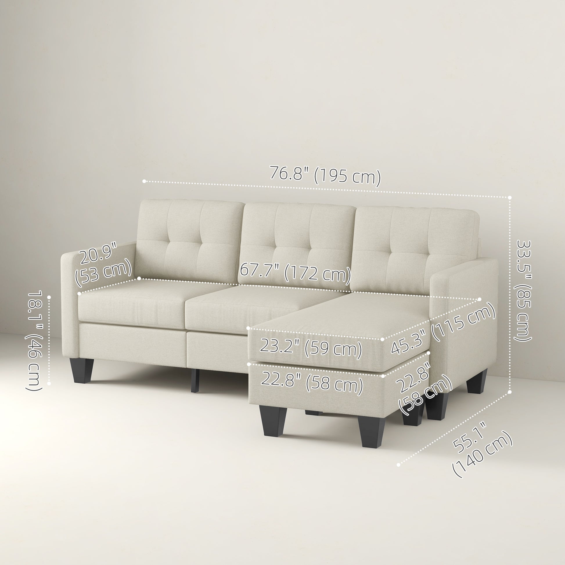 L-shaped Sofa, 3 Seater Sectional Couch with Ottoman, Corner Sofa with Thick Padded Cushion and Wood Legs, Beige 3-Seater Sofas   at Gallery Canada