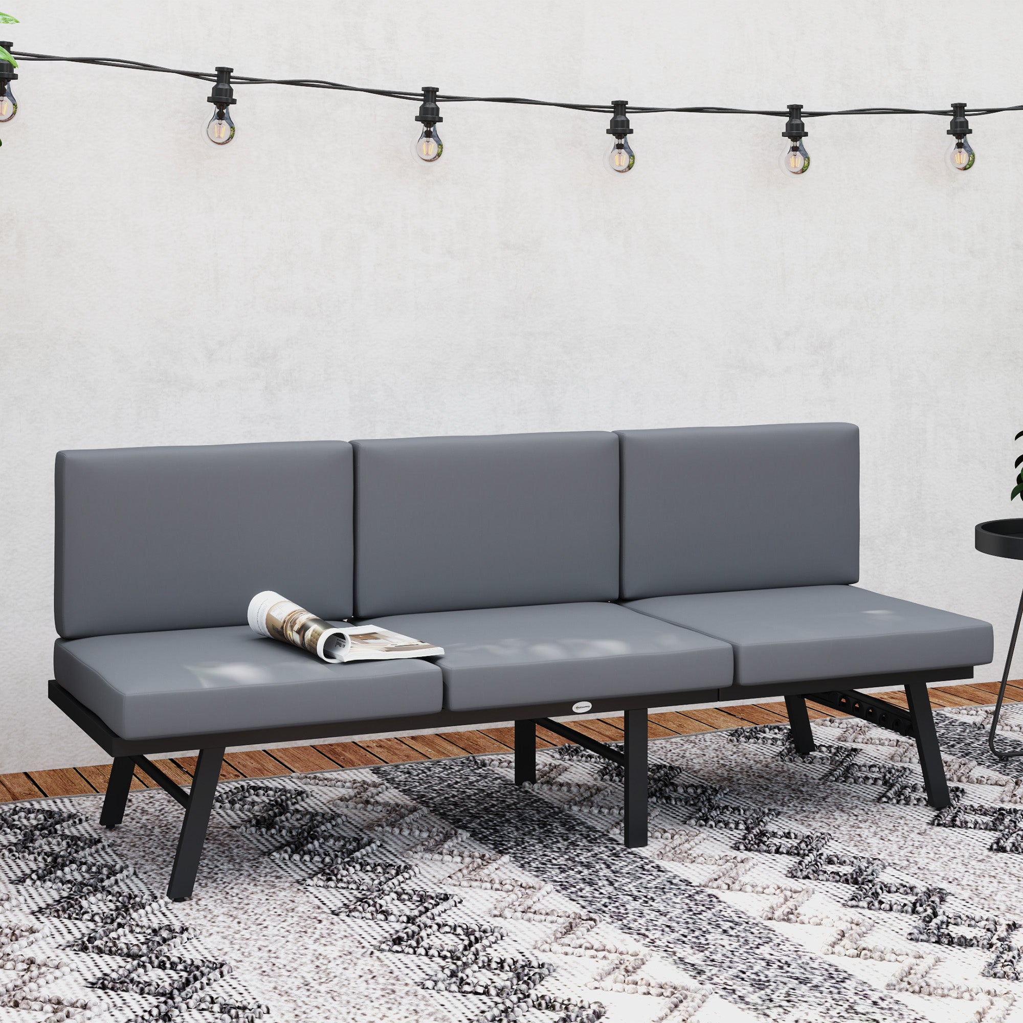 3-in-1 3-Seater Outdoor Sofa, Lounge Chair with 5-Position Adjustable Back, Patio Loveseat with Folding Table, Grey Patio Chairs at Gallery Canada
