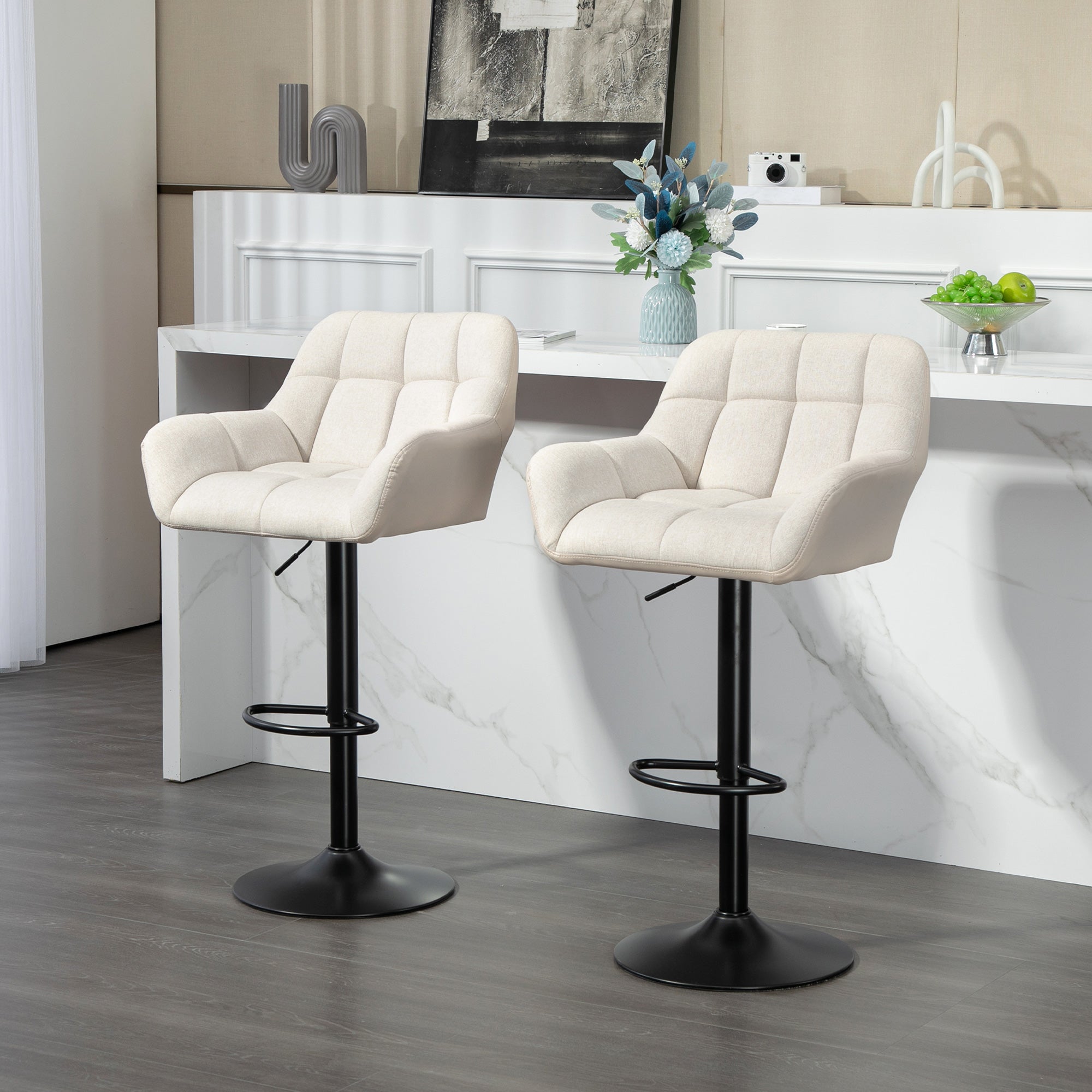 Swivel Barstools Set of 2 Adjustable Bar Stools with Footrest Armrests and PU Leather Back for Dining Room Cream White Bar Stools   at Gallery Canada