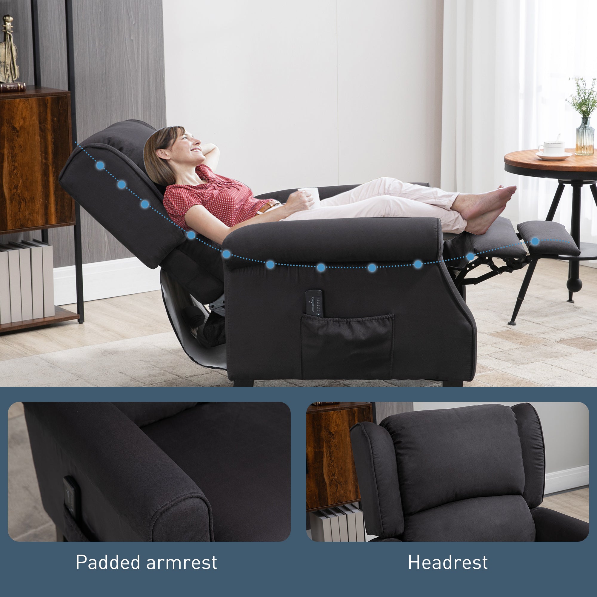 Massage Recliner Chair for Living Room, Push Back Recliner Sofa, Wingback Reclining Chair with Extendable Footrest, Remote Control, Side Pockets, Black Single Sofas at Gallery Canada