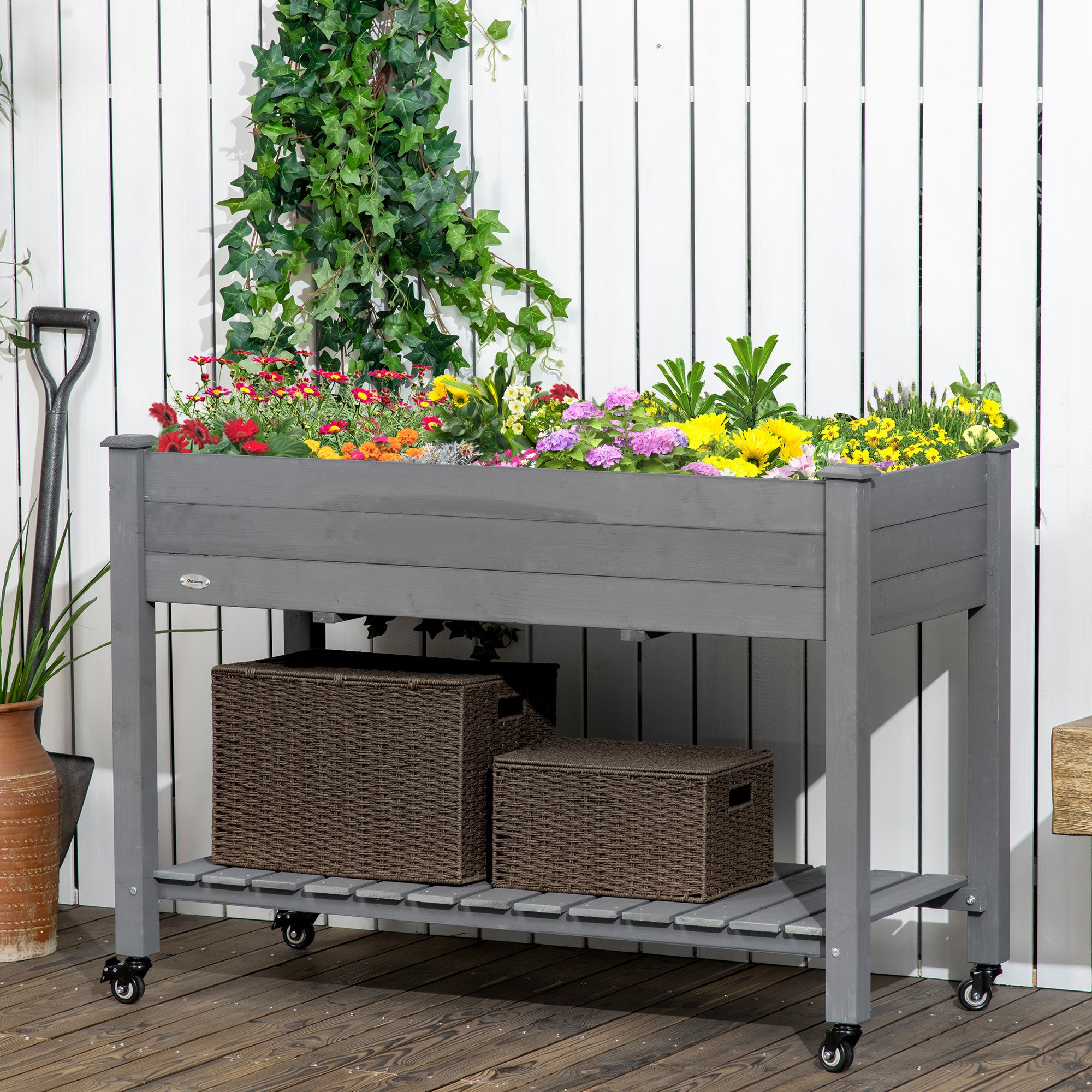 Mobile Raised Garden Bed Elevated Wood Planter Box w/ Lockable Wheels, Storage Shelf for Herbs Vegetables, Dark Grey Elevated Garden Beds at Gallery Canada