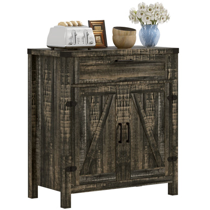 Farmhouse Kitchen Storage Cabinet, Sideboard Buffet Cabinet with 2 Rustic Barn Doors and Drawer, Dark Oak Bar Cabinets   at Gallery Canada