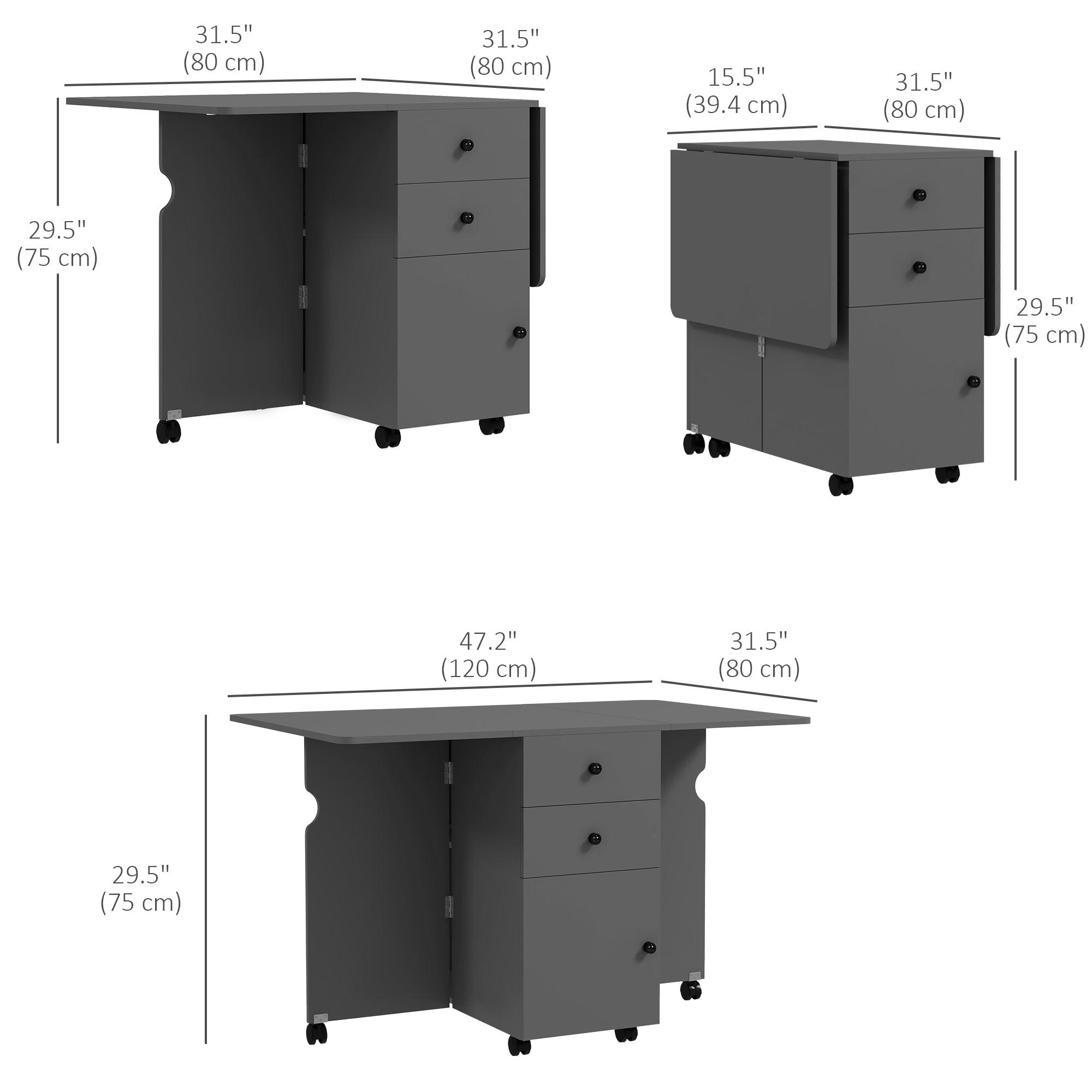 Extendable Dining Table, Drop Leaf Table with 2 Drawers, Cabinet and 6 Wheels for Small Spaces, Kitchen, Grey Dining Tables at Gallery Canada