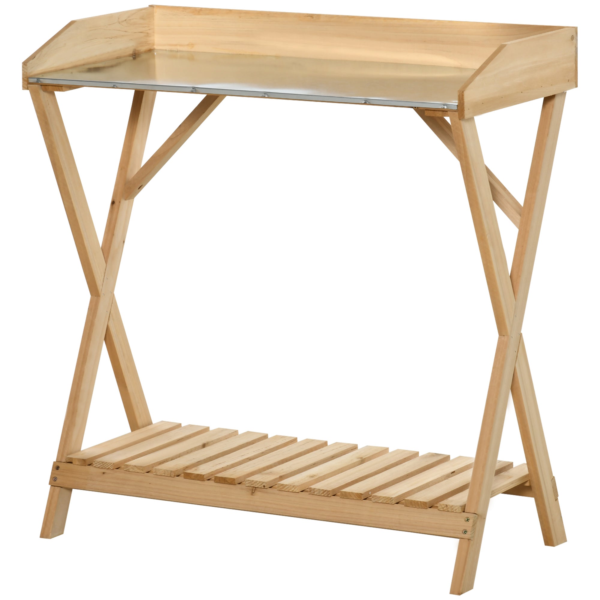 Garden Potting Bench Table, Wooden Work Station, Outdoor Planting Workbench w/ Galvanized Metal Tabletop and Storage Shelf Potting Benches & Tables at Gallery Canada