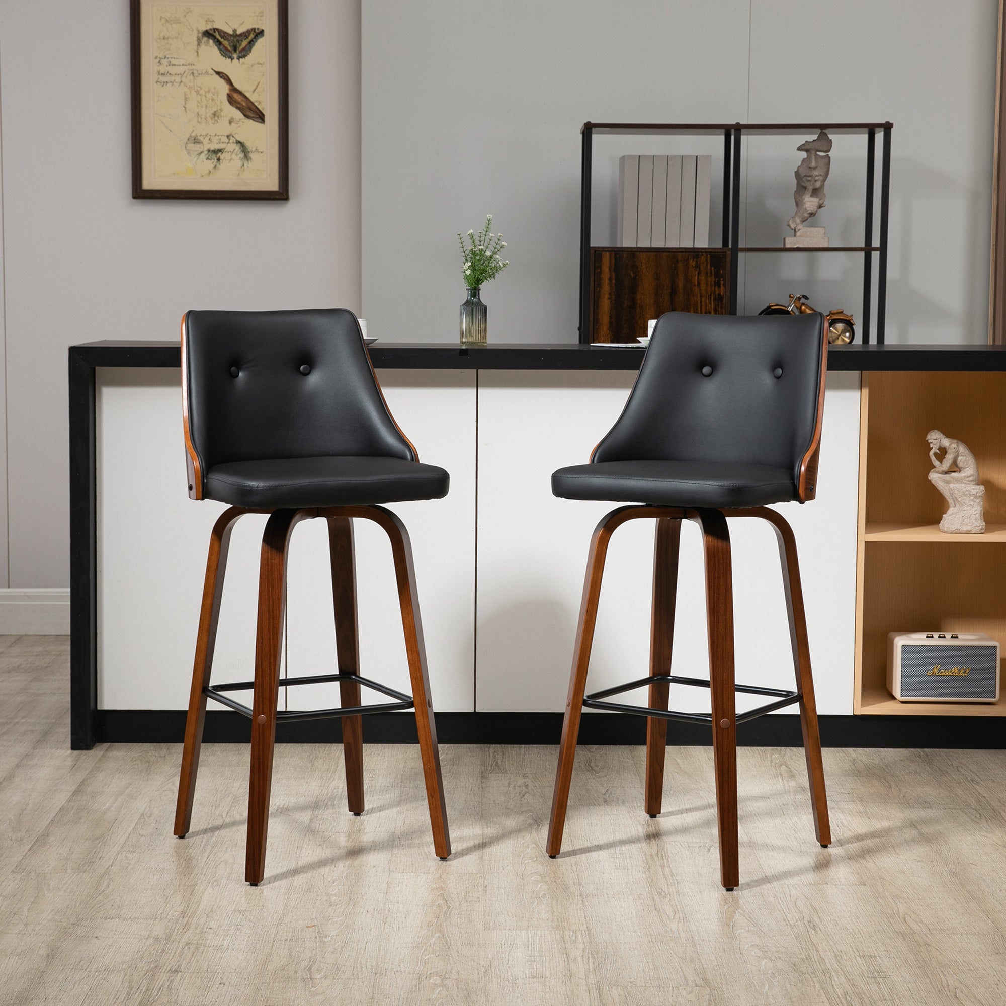 Bar Height Bar Stools Set of 2 PU Leather Swivel Barstools with Footrest and Tufted Back, Black Bar Stools   at Gallery Canada