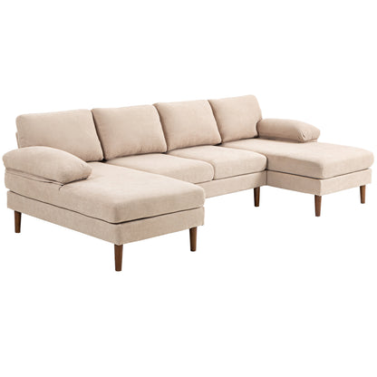 U Shape Couch with Double Chaise Lounge, Modern 4 Seater Sofa with Wooden Legs, Fabric Sofa for Living Room, Beige Sofas & Reclining Chairs   at Gallery Canada