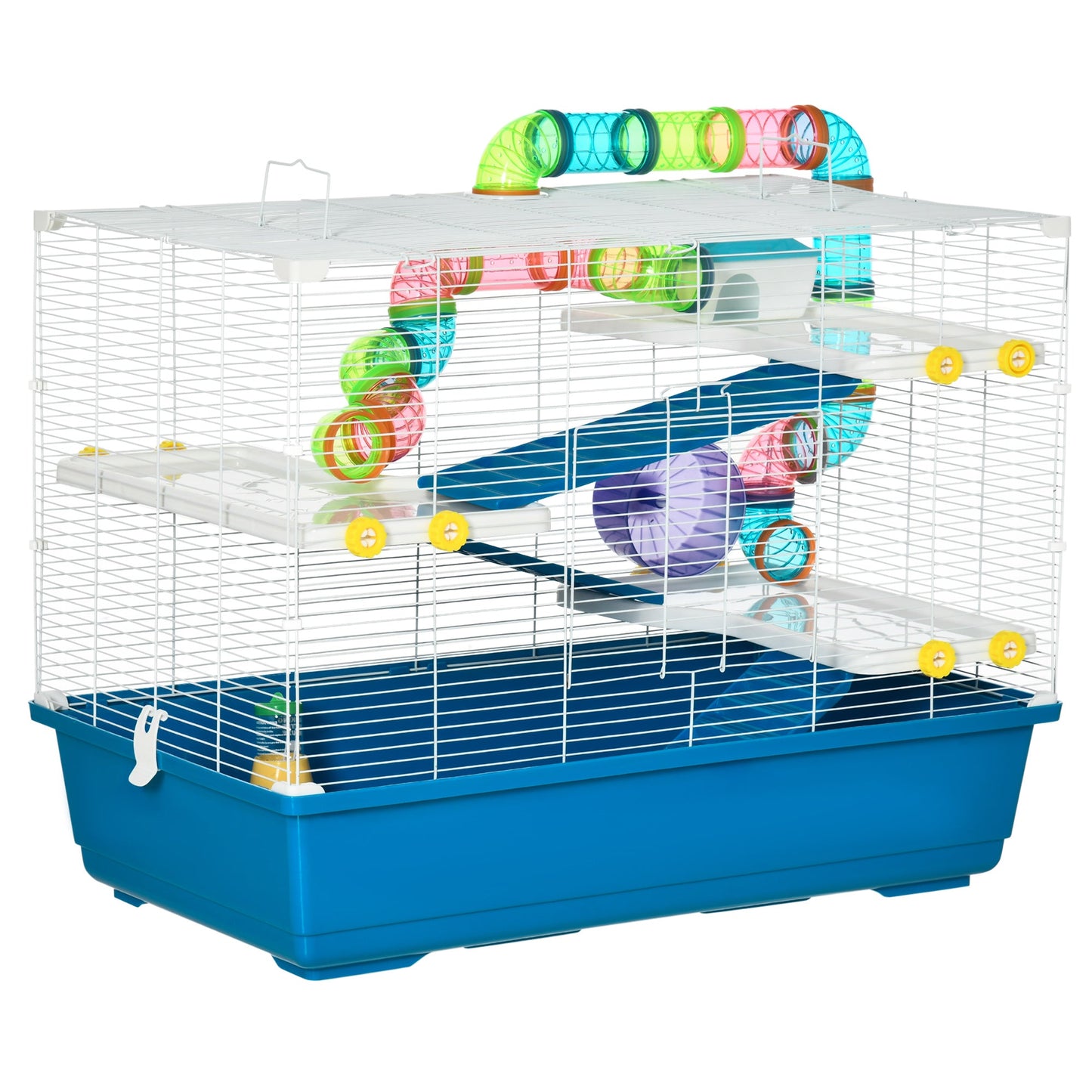 31" Large Hamster Cage, Small Animal House, Multi-storey Gerbil Haven, Tunnel Tube System, with Water Bottle, Exercise Wheel, Food Dish, Ramps, Blue Hamster Cages   at Gallery Canada