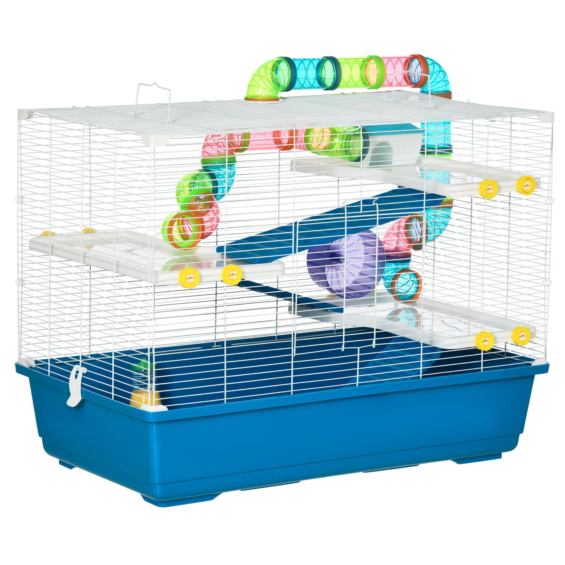 31" Large Hamster Cage, Small Animal House, Multi-storey Gerbil Haven, Tunnel Tube System, with Water Bottle, Exercise Wheel, Food Dish, Ramps, Blue Hamster Cages   at Gallery Canada