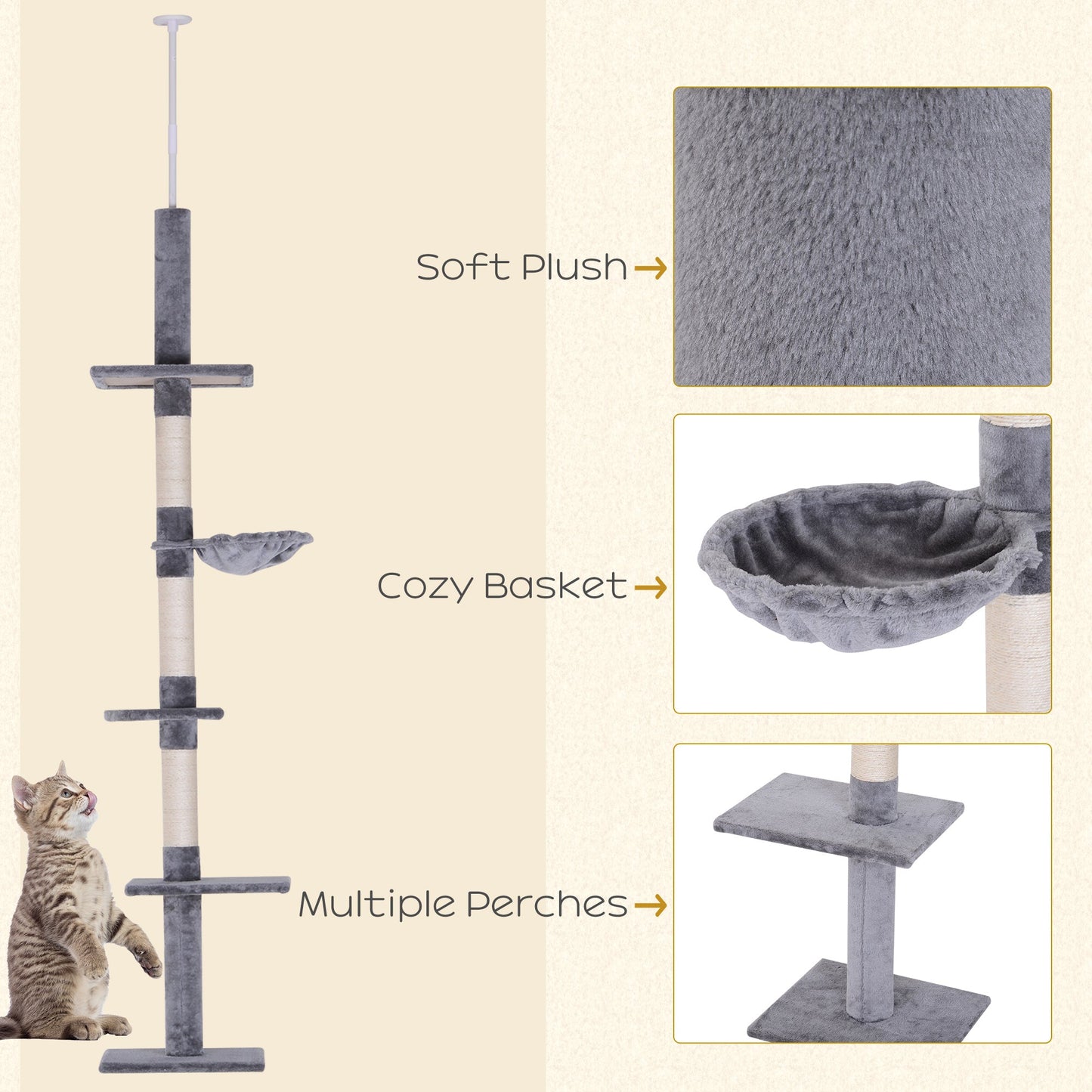 8.5ft Cat Climbing Tree 5-Tier Cat Activity Center Floor-to-Ceiling Cat Climber Toy with Scratching Post Play Rest Post Pet Furniture Grey Floor to Ceiling Cat Trees   at Gallery Canada