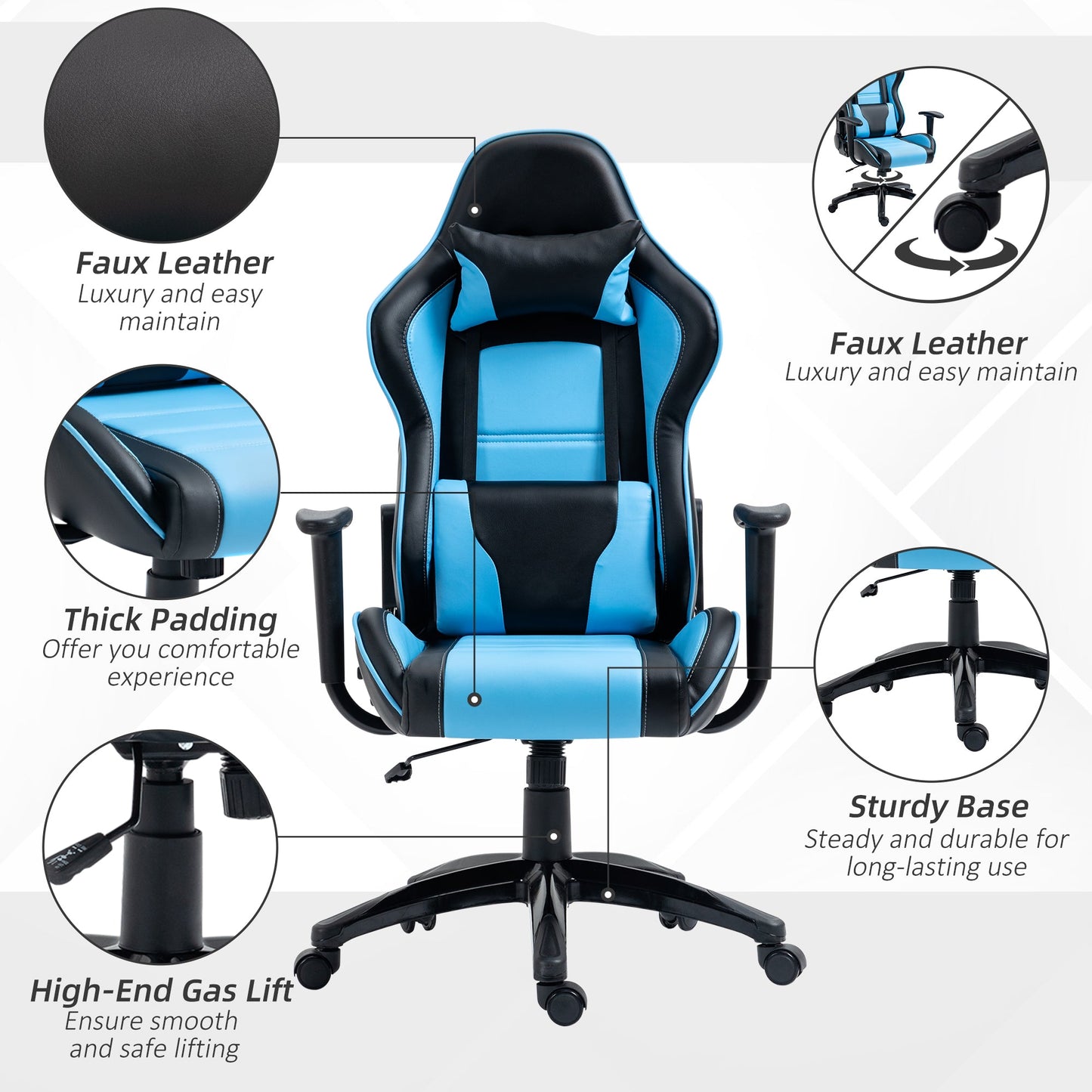 High Back Gaming Chair PU Leather Office Chair Desk Gamer Chair with Lumbar Support, Headrest, Adjustable Height, Blue and Black Video Game Chairs   at Gallery Canada