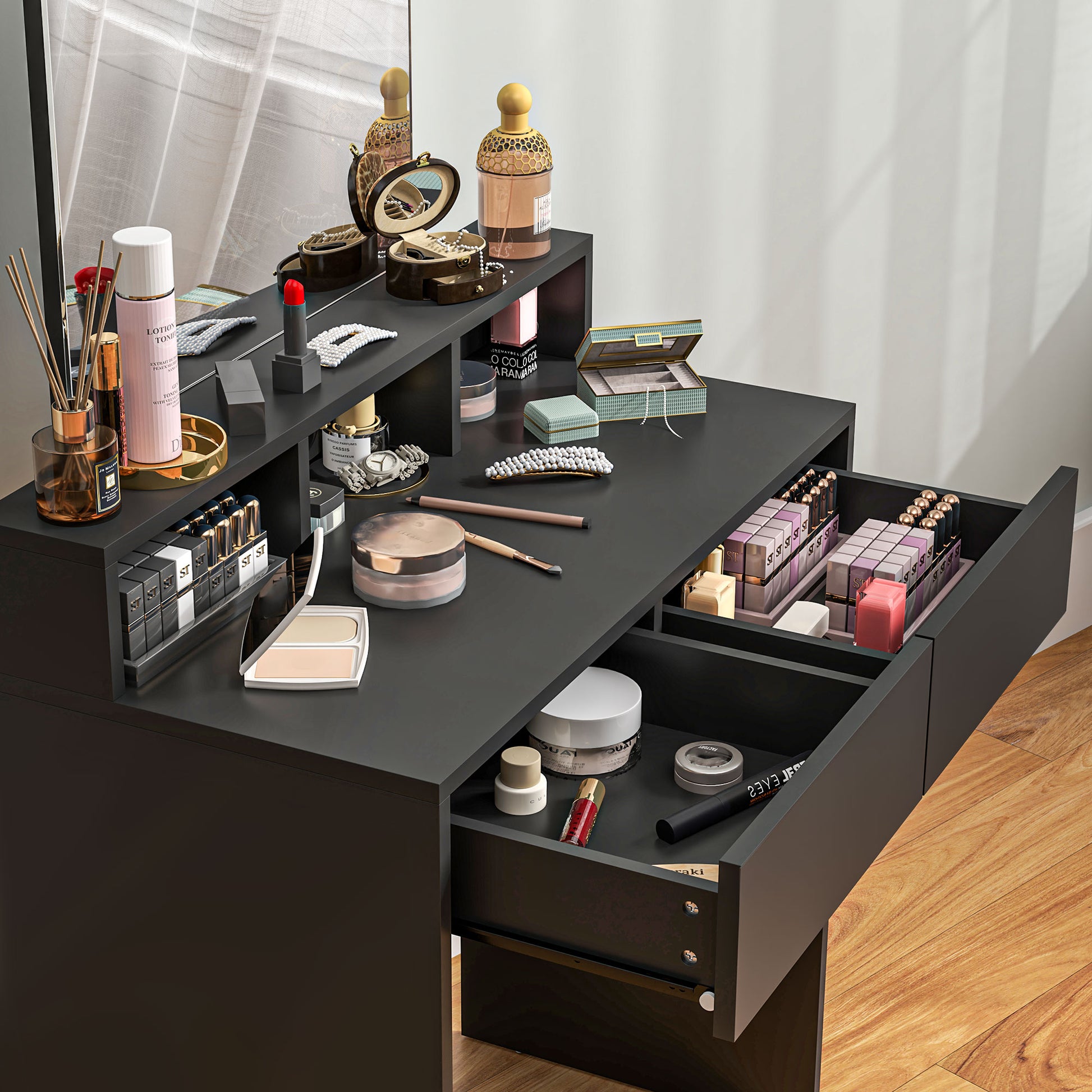 Makeup Vanity Desk with Mirror, for Bedroom, Modern Dressing Table with Drawers, Compartments, Black Dressing & Vanity Tables   at Gallery Canada