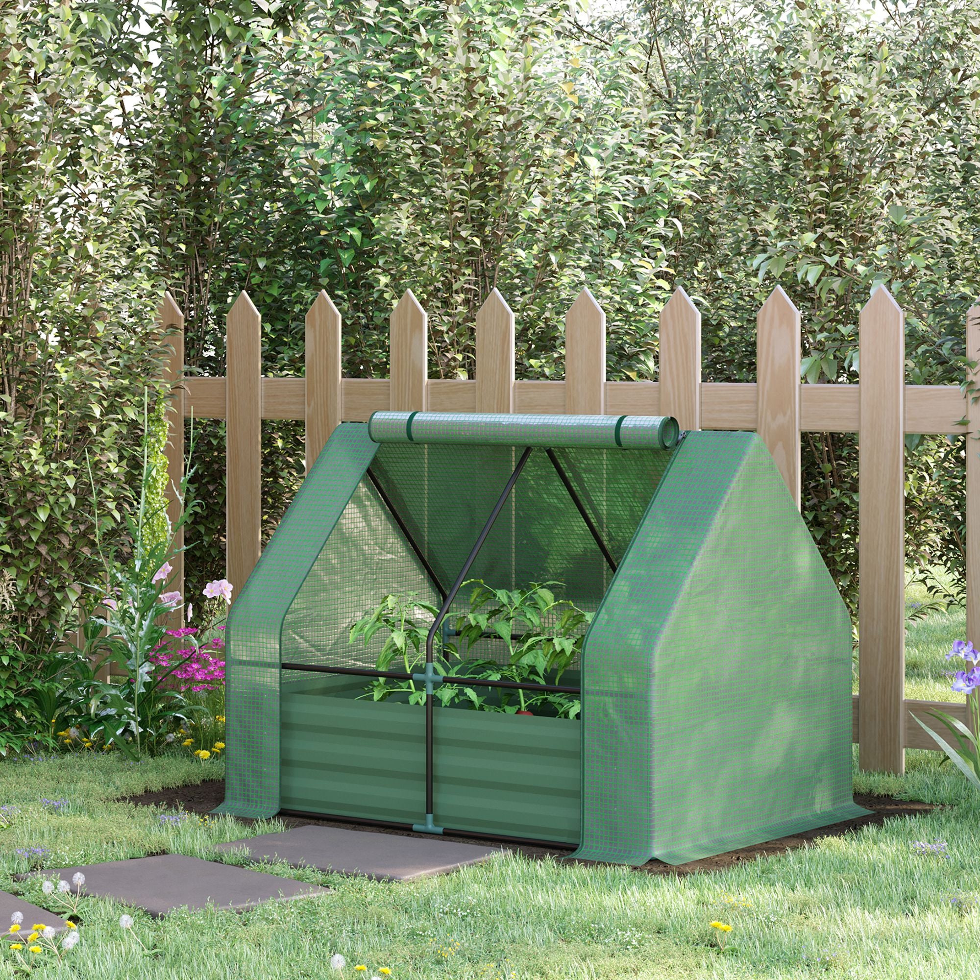 Steel Outdoor Raised Garden Bed with Greenhouse,Cover, Roll Up Door, Dual Use, 50
