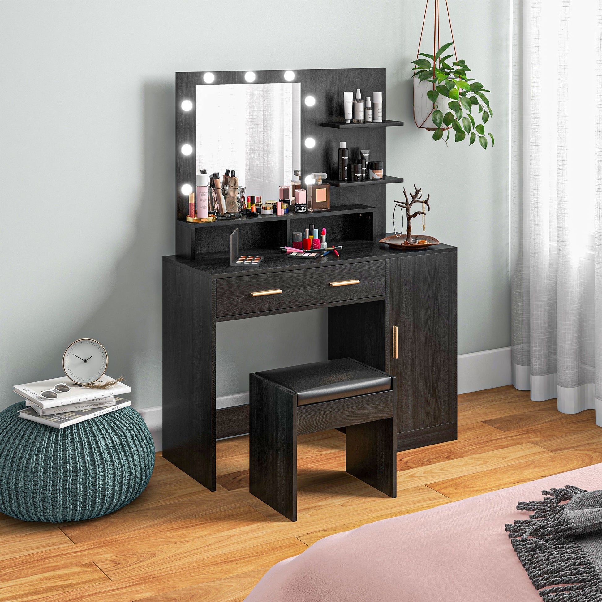 Illuminated Dressing Table Set, LED Vanity Table Set with Stool, LED Mirror, Drawer and Cabinet Shelves for Bedroom Dressing & Vanity Tables   at Gallery Canada