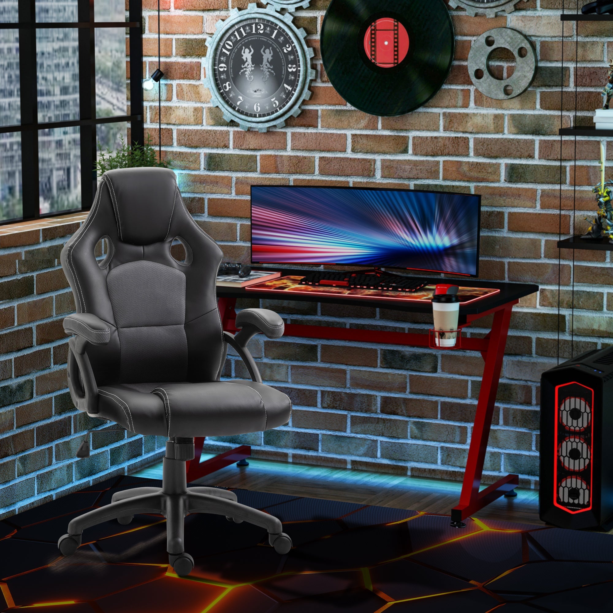 PU Leather Gaming Chair High Back Office Chair with Adjustable Height, Computer Gamer Chair, Grey Video Game Chairs   at Gallery Canada