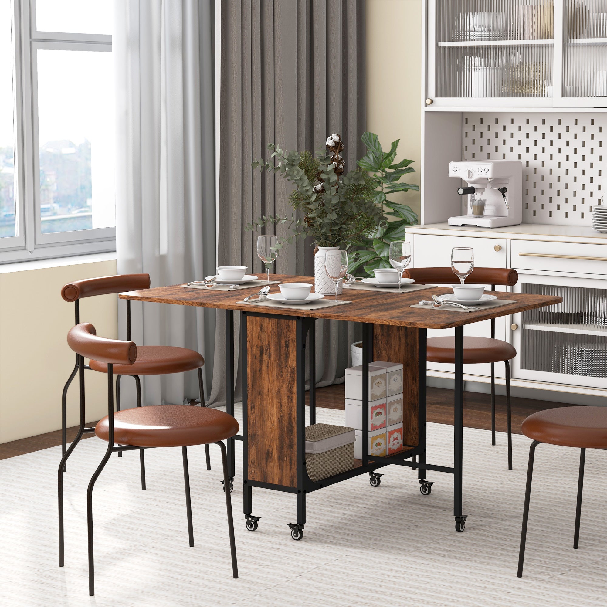 Folding Dining Table, Extendable Kitchen Table for Small Spaces with Storage Shelf and 6 Wheels, Rustic Brown Dining Tables at Gallery Canada
