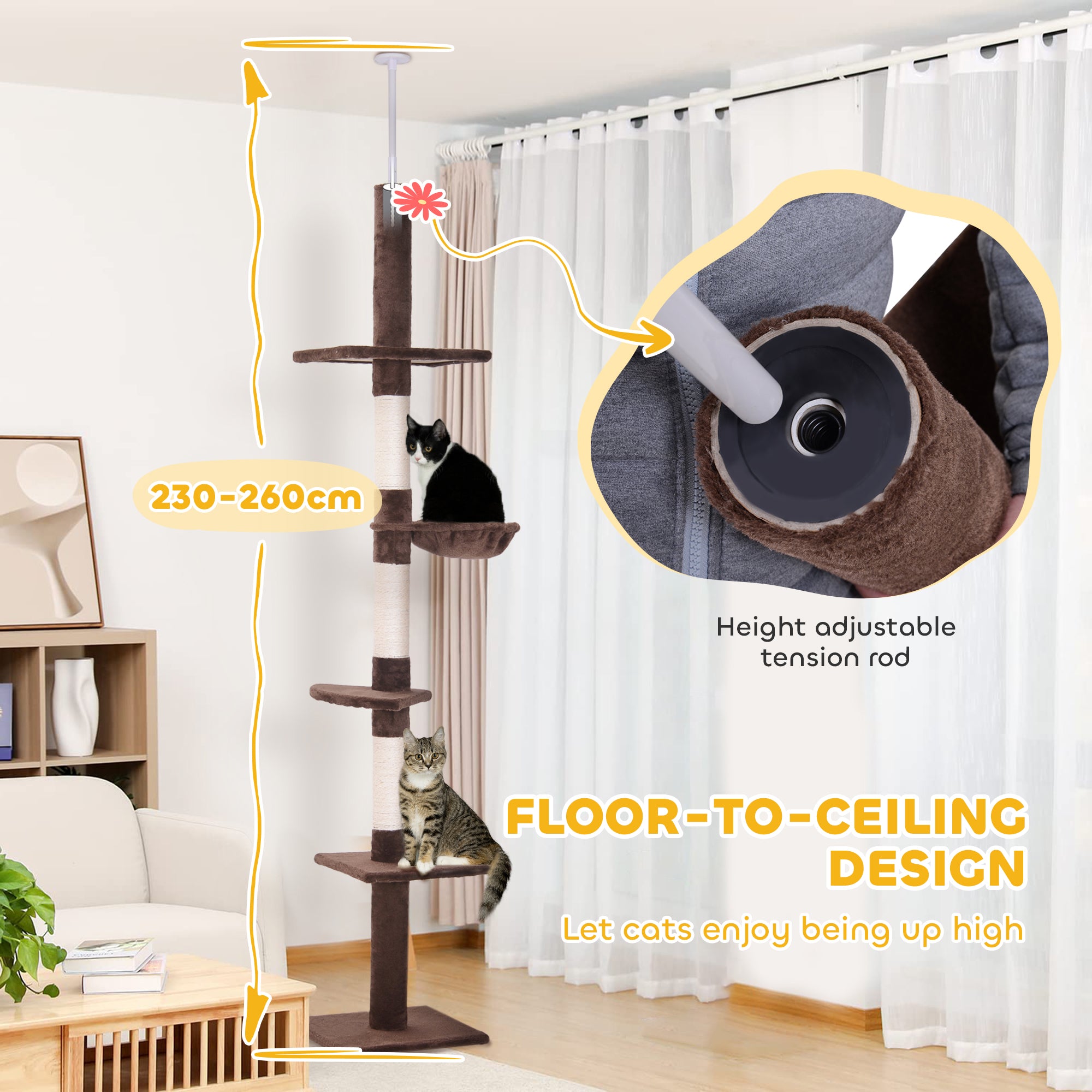 8.5ft Cat Climbing Tree 5-Tier Kitty Activity Center with Scratching Post Brown and White Floor to Ceiling Cat Trees at Gallery Canada