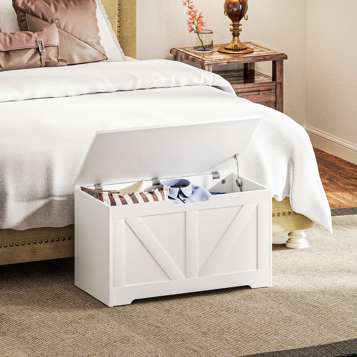 31.5 Inches Storage Chest, Storage Trunk with 2 Safety Hinges, Wooden Toy Box for Living Room, White Wood Grain Storage Cabinets   at Gallery Canada