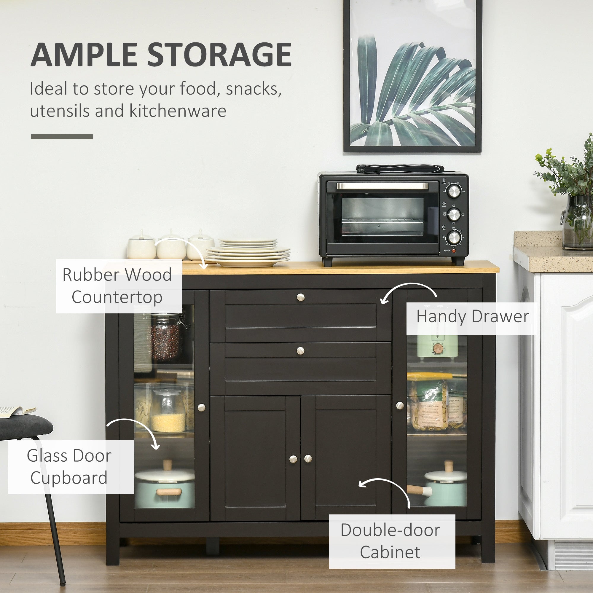 Buffet Cabinet Sideboard with 2 Drawers, 3 Storage Cabinets, Glass Doors and Adjustable Shelves, Dark Brown Bar Cabinets at Gallery Canada