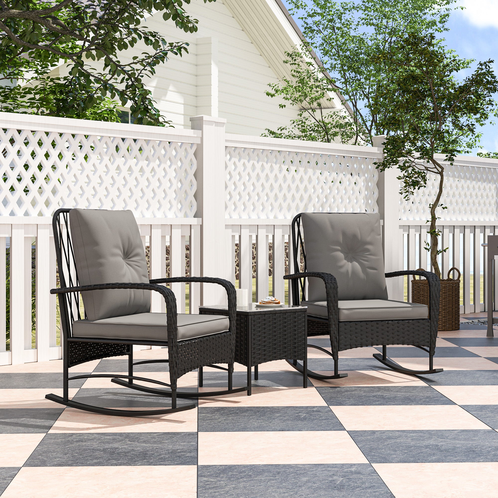 3 Pieces Rattan Bistro Set, Wicker Patio Furniture with Rocking Chairs, Thick Cushions for Porch Balcony, Grey Bistro Sets at Gallery Canada