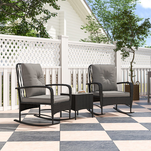 3 Pieces Rattan Bistro Set, Wicker Patio Furniture with Rocking Chairs, Thick Cushions for Porch Balcony, Grey