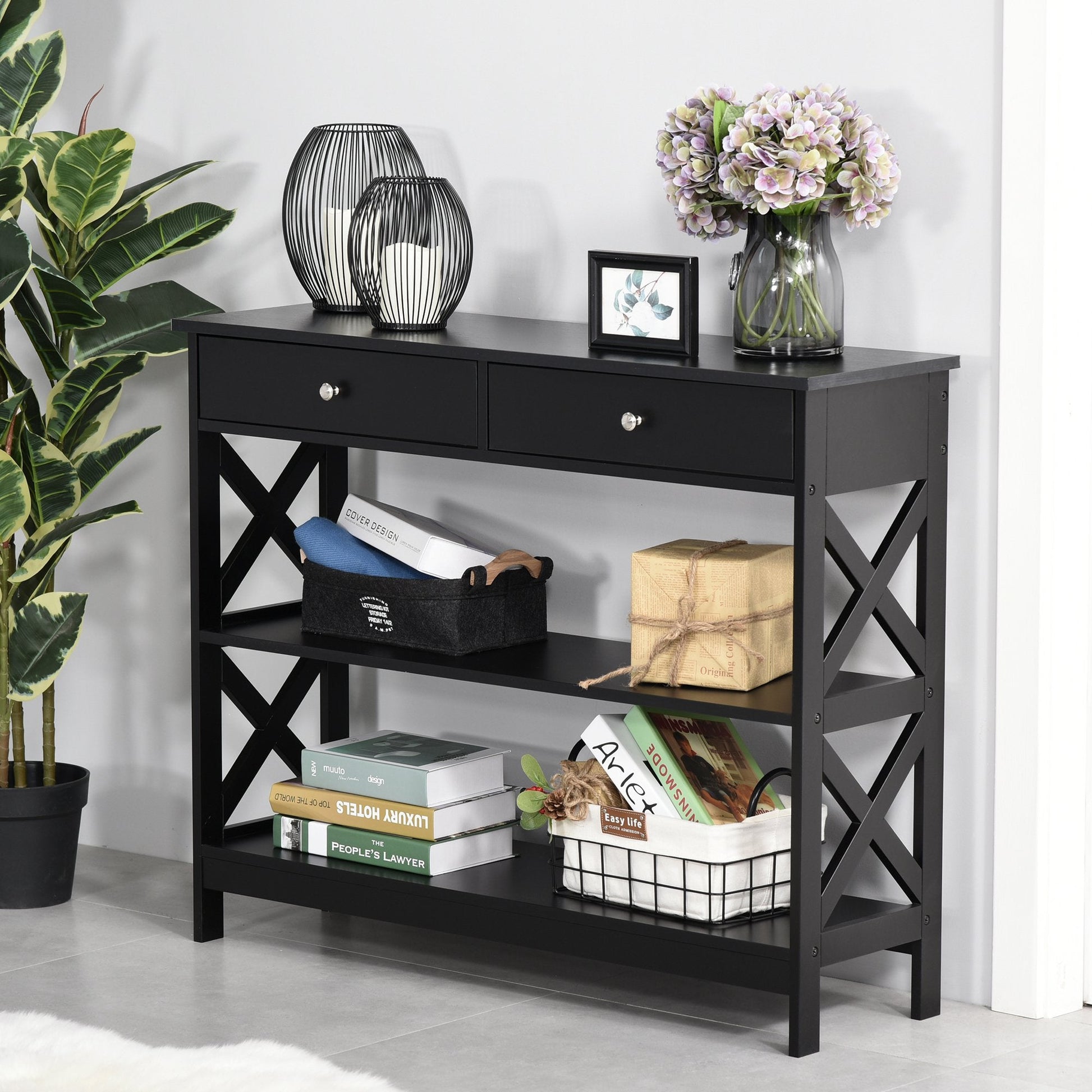 Console Table Sofa Side Desk with Storage Shelves Drawers X Frame for Living Room Entryway Black Console Tables   at Gallery Canada