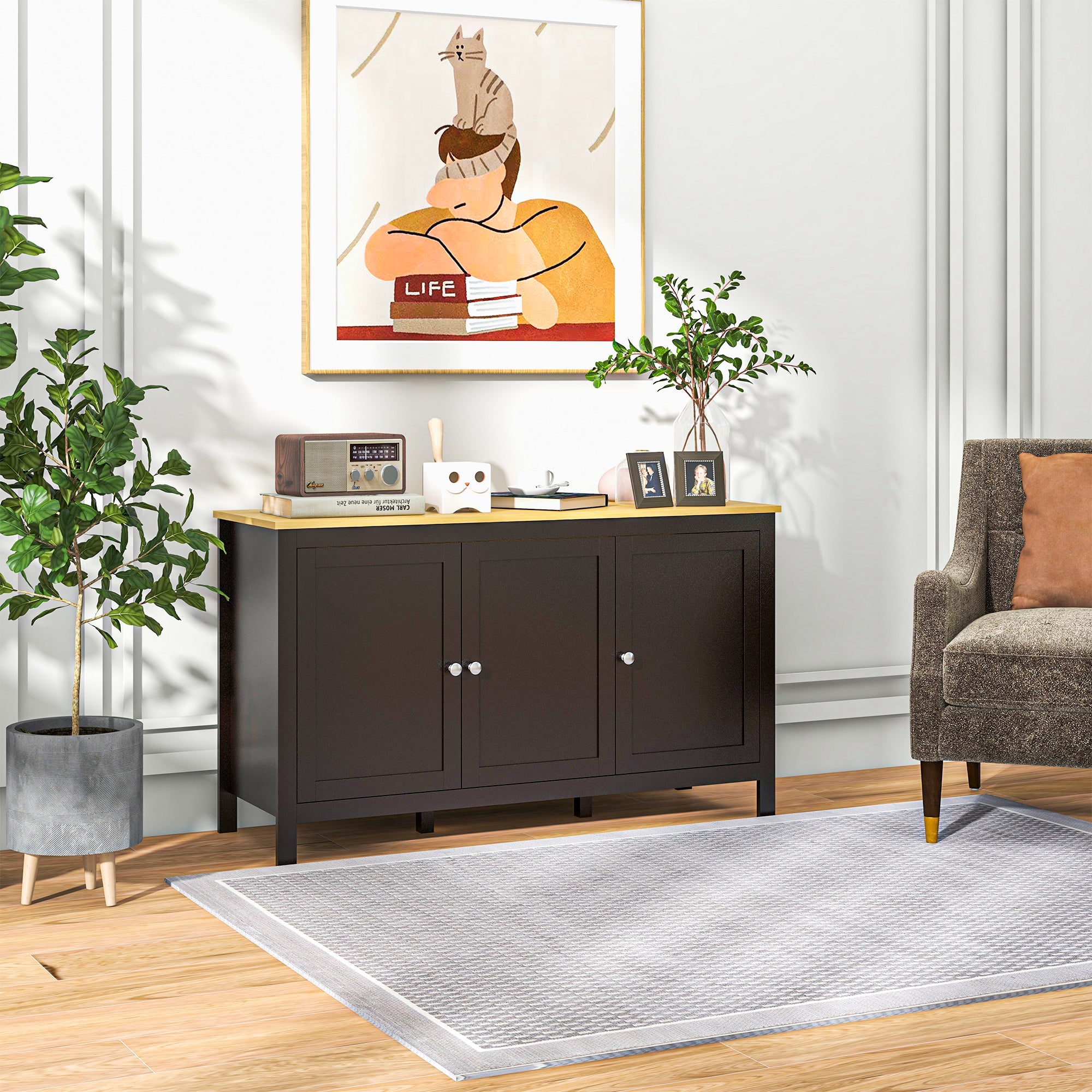 Sideboard, Buffet Cabinet with Doors and Adjustable Shelves for Living Room, Entryway, Black and Natural Kitchen Pantry Cabinets   at Gallery Canada