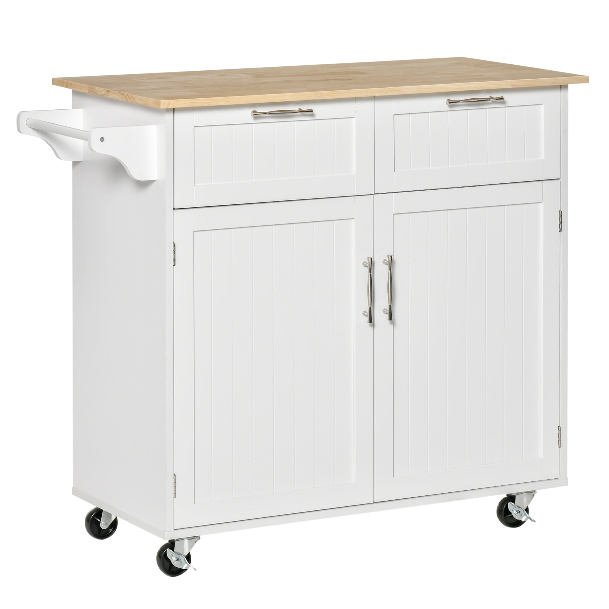 Rolling Kitchen Island with Storage Drawers, Kitchen Cart with Rubber Wood Top, Cabinet &; Towel Rack, White Kitchen Islands & Kitchen Carts White  at Gallery Canada