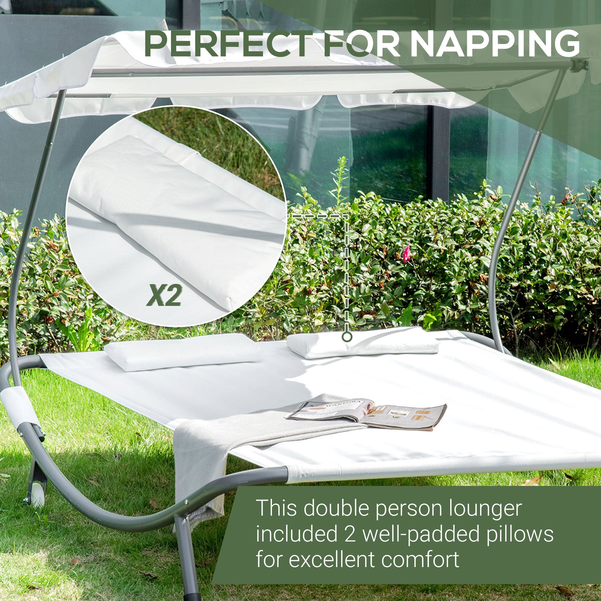 Patio Double Chaise, Outdoor Lounge Bed with Canopy and Headrest Pillow, Portable Patio Sunbed Hammock Lounger, Cream White Lounger Chairs   at Gallery Canada