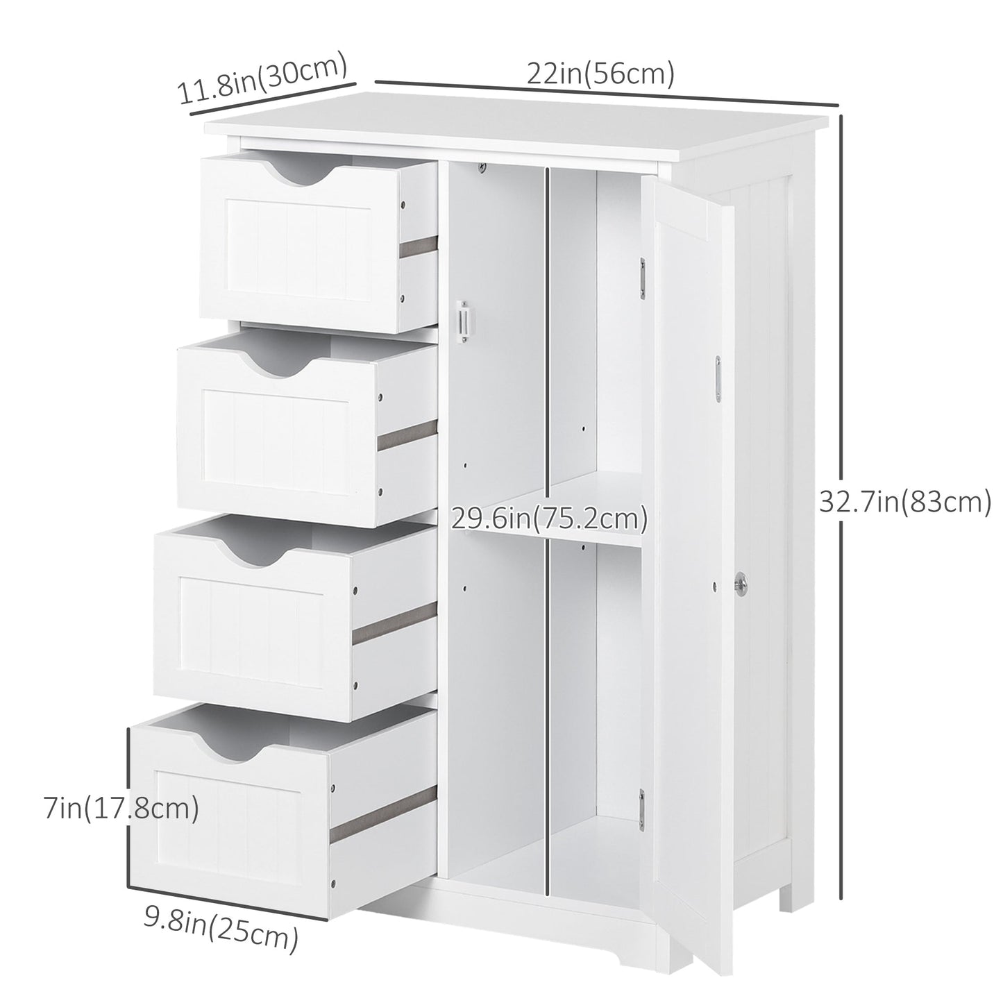 Bathroom Storage Cabinet, Floor Cabinet with Adjustable Shelf and 4 Drawers, Side Cabinet for Washroom, White Bathroom Cabinets   at Gallery Canada