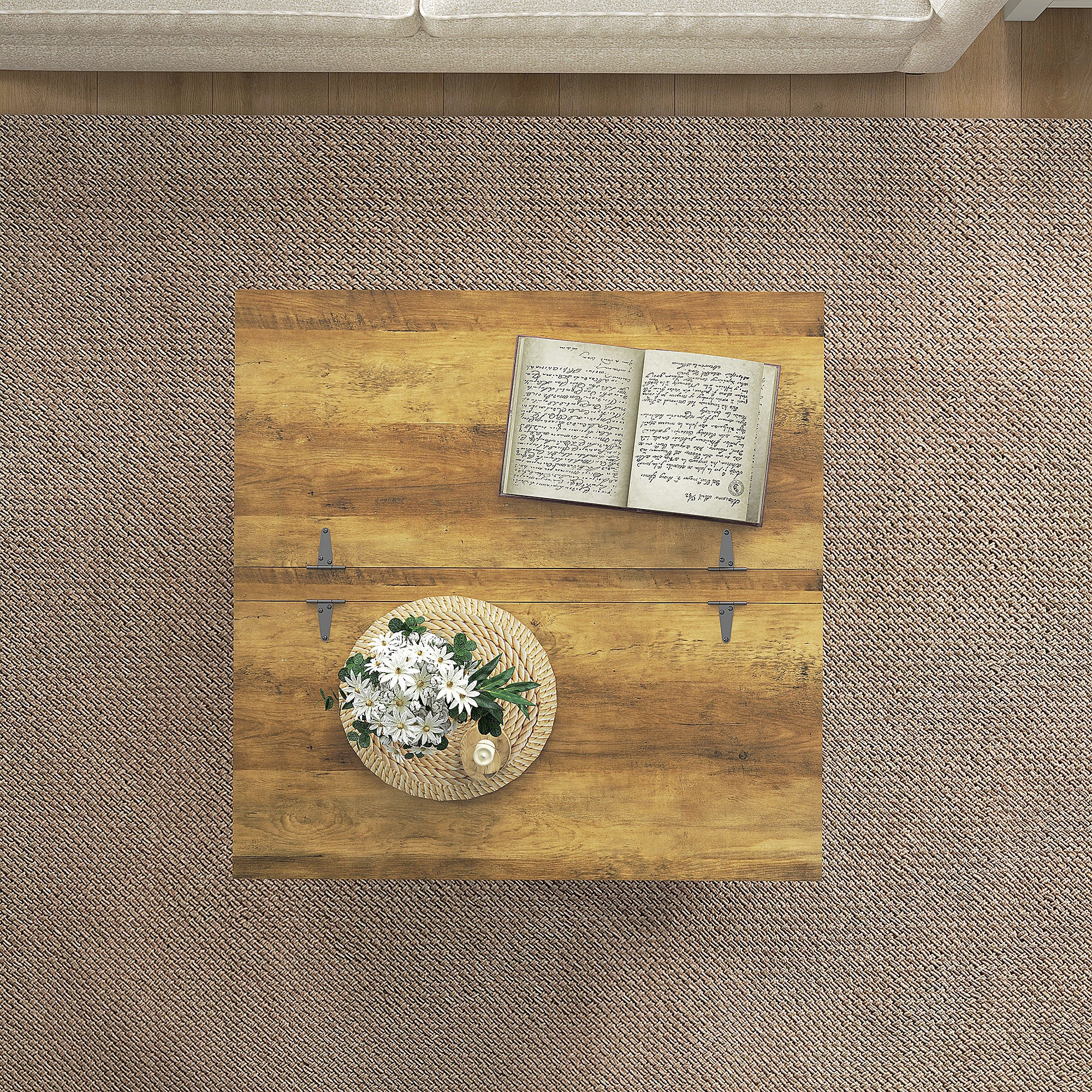 Farmhouse Coffee Table, Square Center Table with Flip-top Lids, Hidden Storage Compartment and Wooden Legs, Antique White Coffee Tables at Gallery Canada