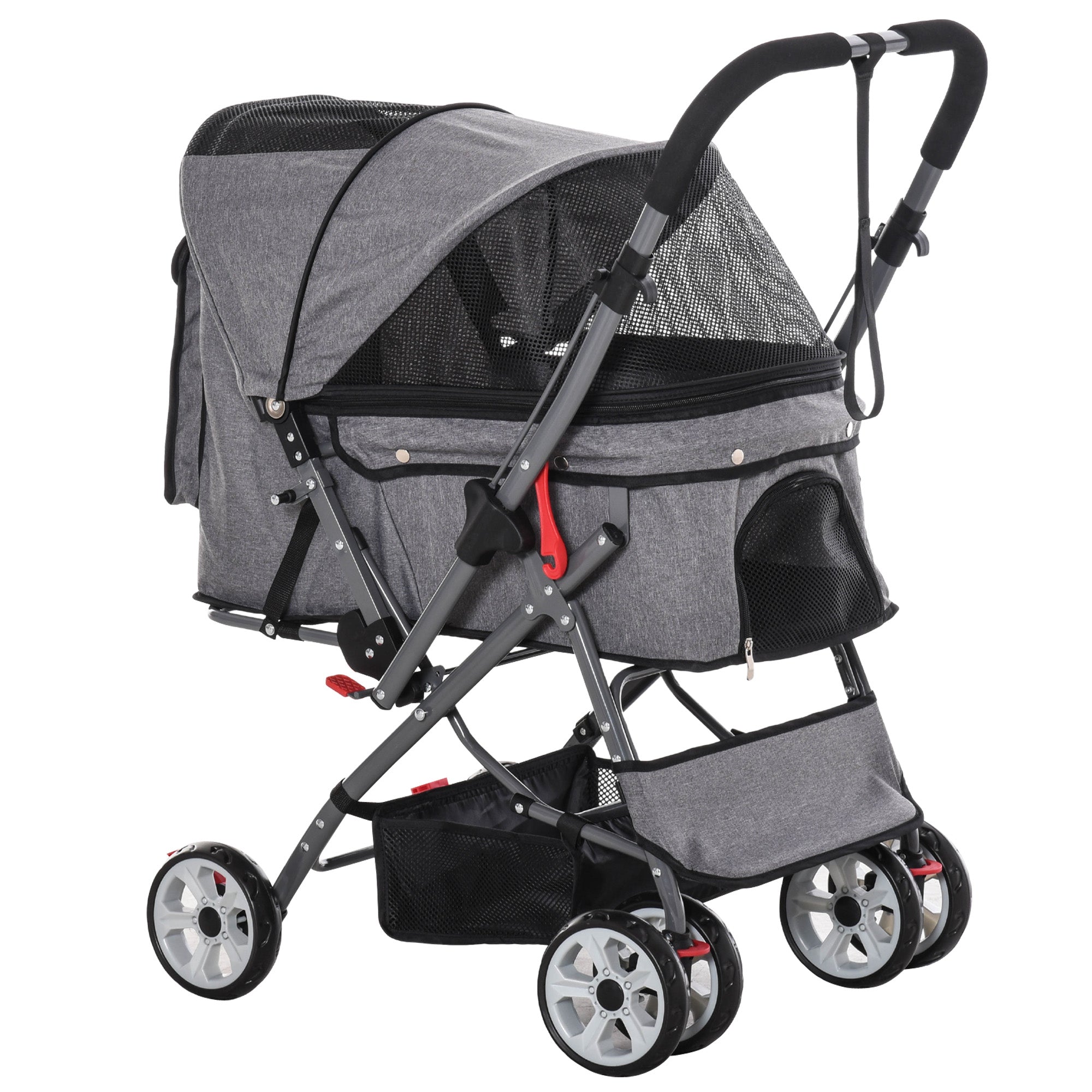 4 Wheels Pet Stroller w/ Reversible Handle, Foldable Dog Cat Travel Carriage w/ EVA Wheels Basket Storage Bag 3-stage Canopy Grey Dog Bike Trailers & Strollers   at Gallery Canada