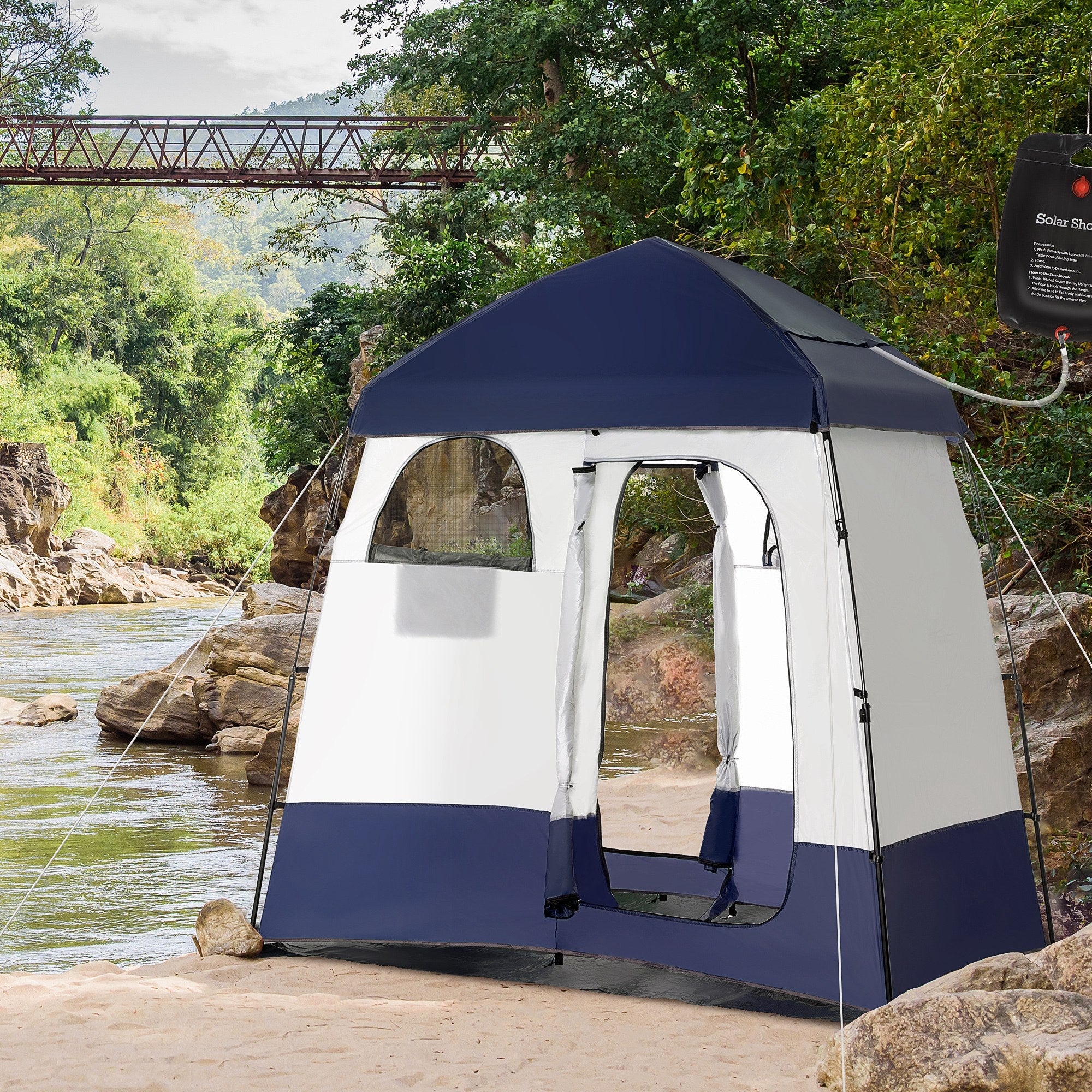 Outdoor Portable Pop Up Shower Tent Changing Tent Privacy Enclosure with 2 Rooms, Shower Bag, Floor for Camping, Blue Camping Tents at Gallery Canada
