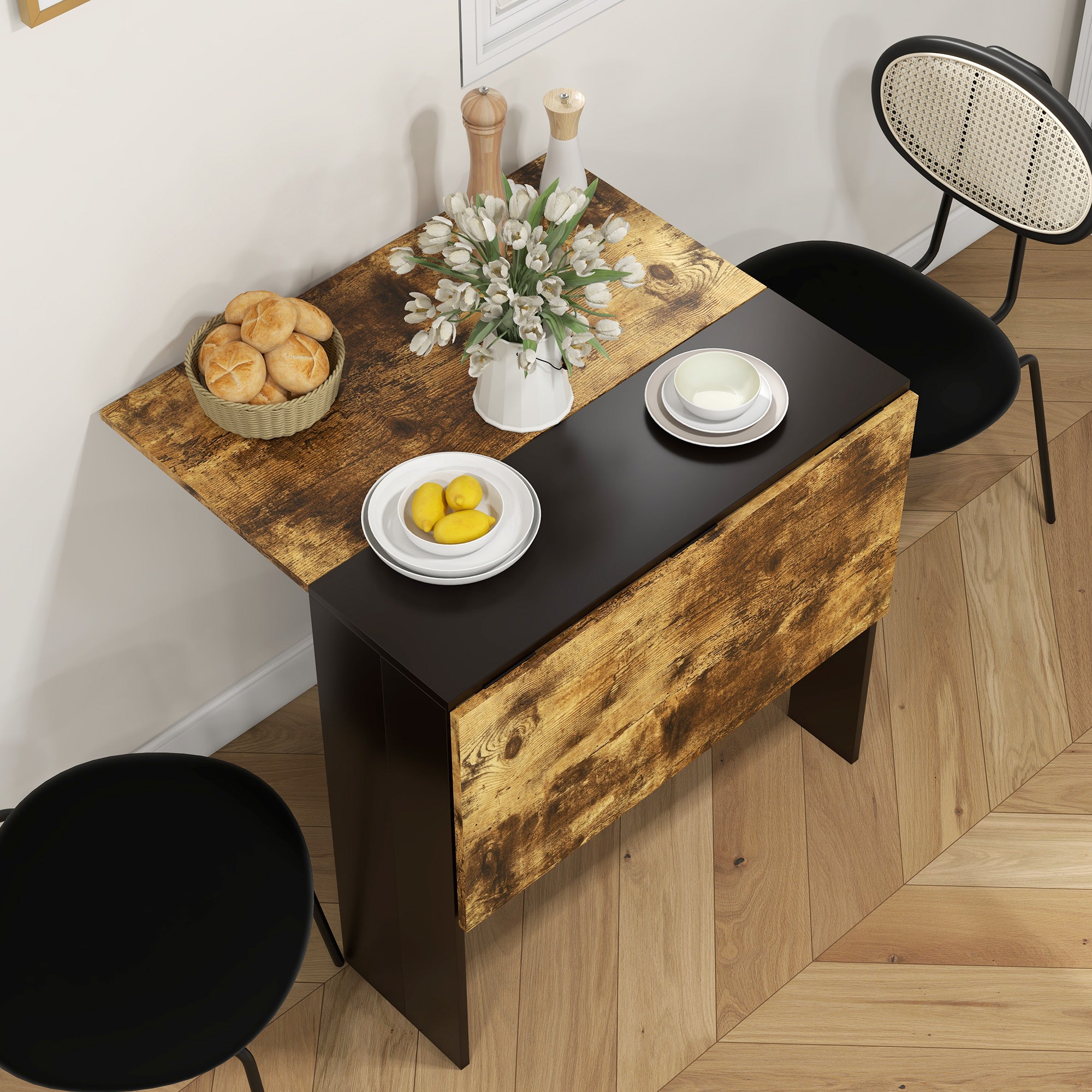 Drop Leaf Dining Table Wood Folding Table Multi-Use Side Table Dining Desk Space Saving Table, Rustic Brown and Black Bar Tables & Dining Tables   at Gallery Canada