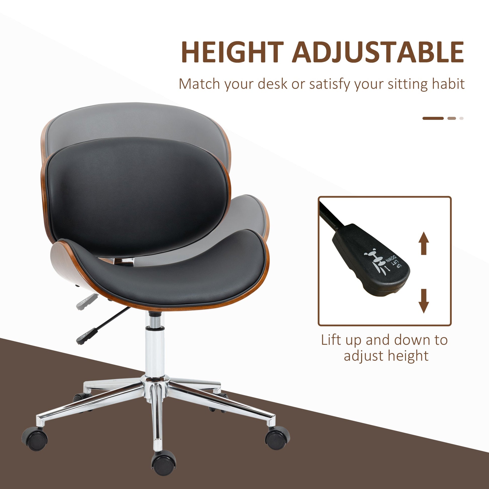 Home Office Chair, Faux Leather and Bentwood Computer Desk Chair with 360 Degree Swivel Wheels, Adjustable Height and Curved Seat, Black - Gallery Canada