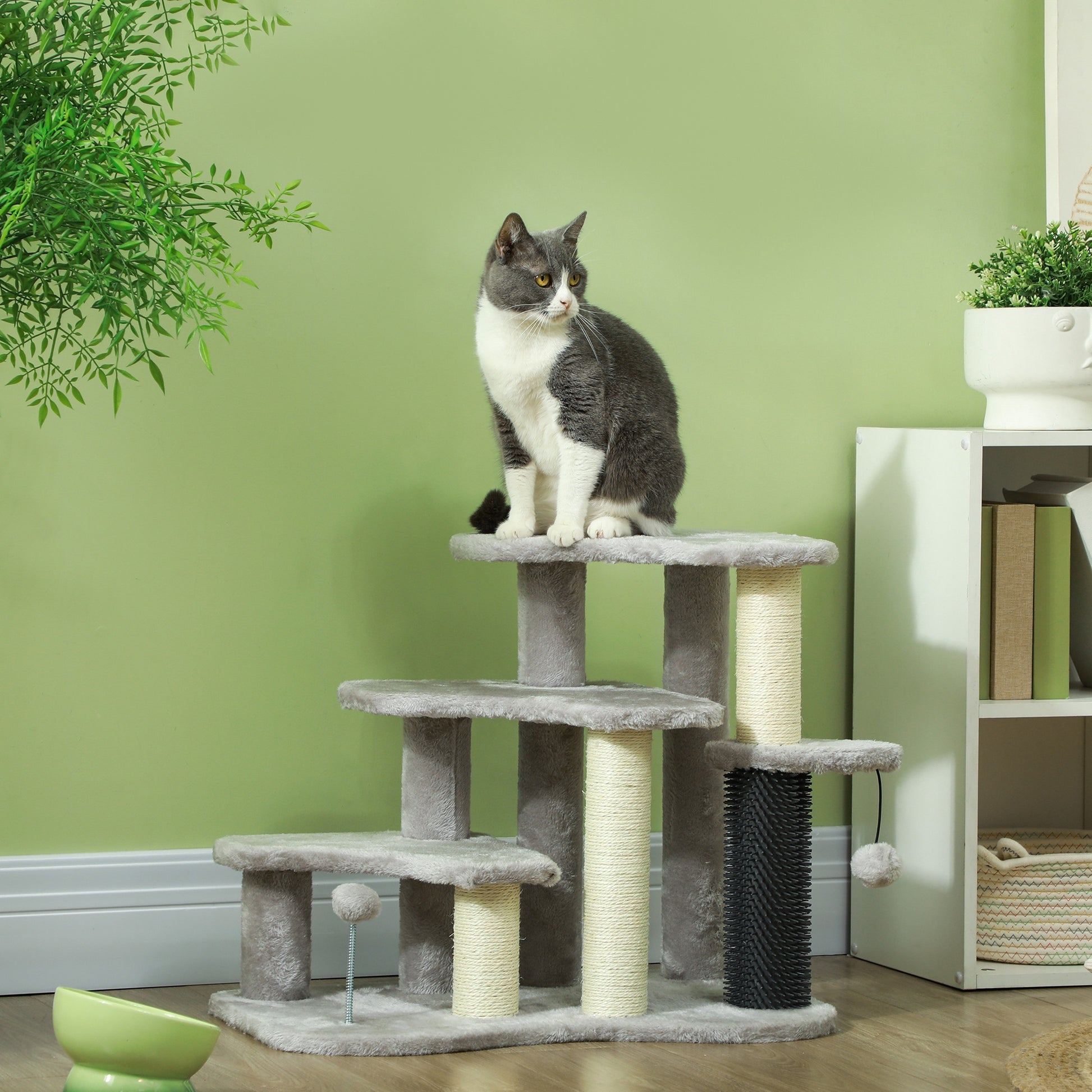 2 in 1 Cat Tree 3 Steps Pet Stairs with Scratching Posts, Tickling Post, Toy Balls, for Bed, Couch, Sofa, Light Grey Cat Stairs   at Gallery Canada