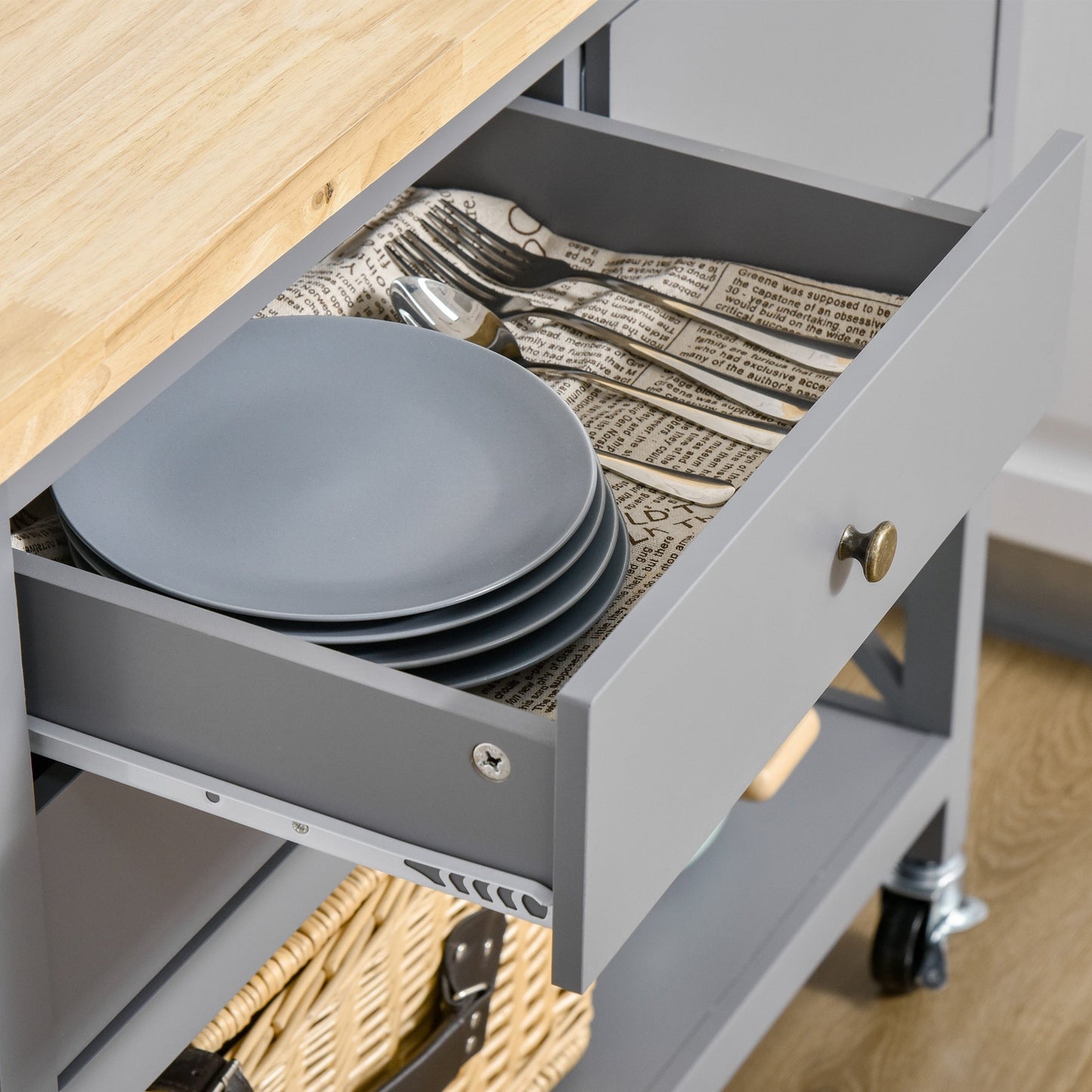 Utility Kitchen Cart Rolling Kitchen Island Storage Trolley with Rubberwood Top, 2 Drawers, Towel Rack, Gray Kitchen Islands & Kitchen Carts   at Gallery Canada