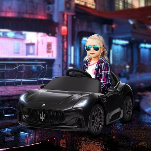 12V Maserati Gran Turismo Licensed Kids Electric Car w/ Remote Control, Soft Start, LED Lights, Music, Horn, MP3, Black