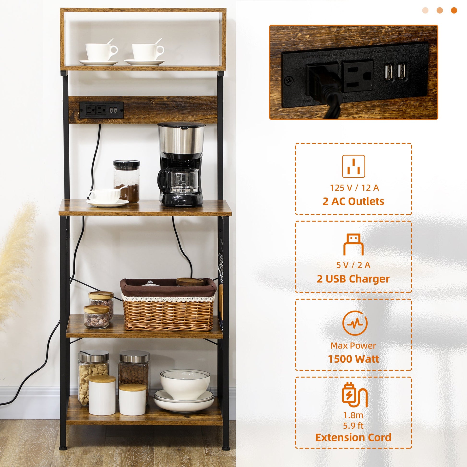 Baker's Rack with Charing Station, Microwave Shelf with Power Outlet, USB Charger and 5 Hooks, Rustic Brown Storage Cabinets   at Gallery Canada