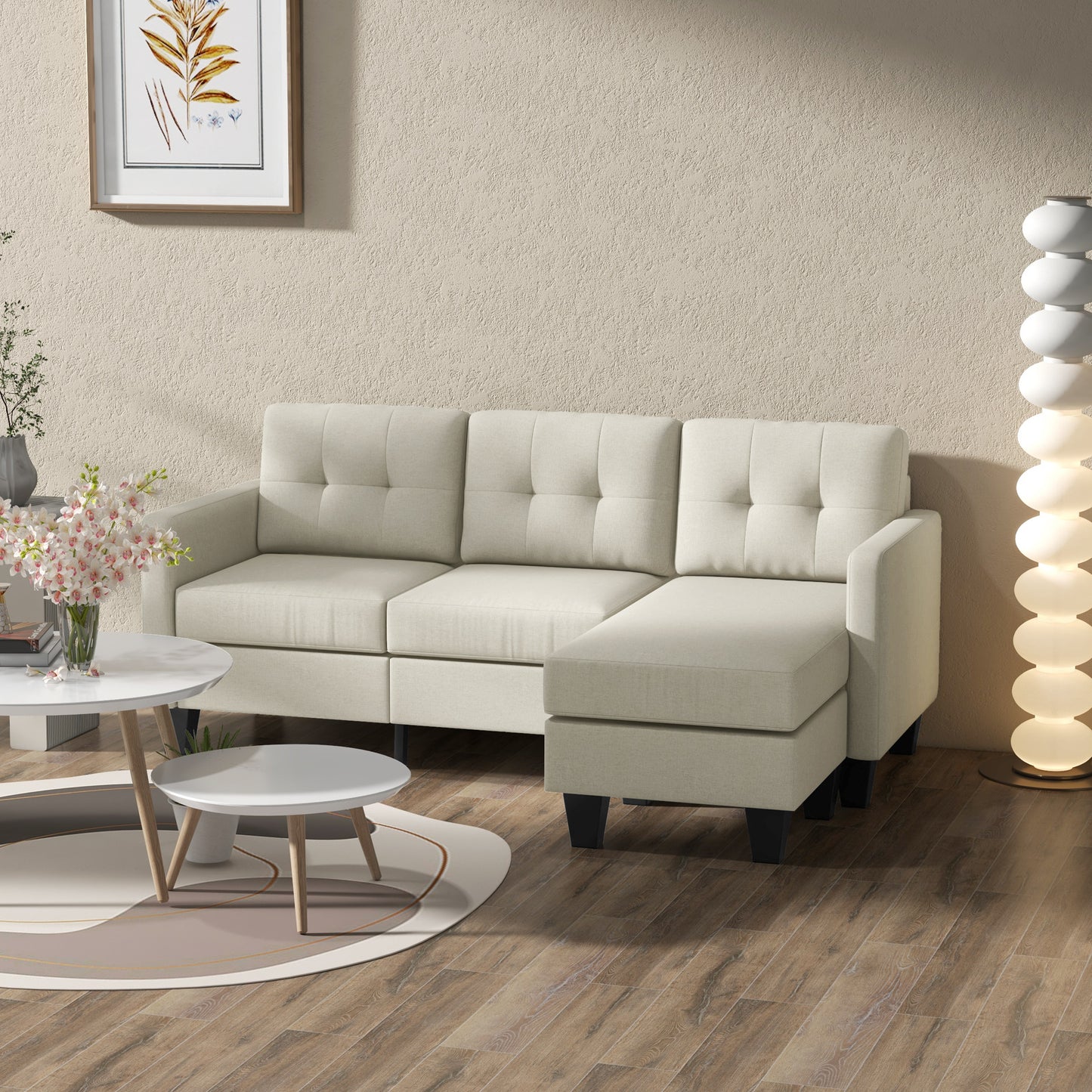 L-shaped Sofa, 3 Seater Sectional Couch with Ottoman, Corner Sofa with Thick Padded Cushion and Wood Legs, Beige 3-Seater Sofas   at Gallery Canada