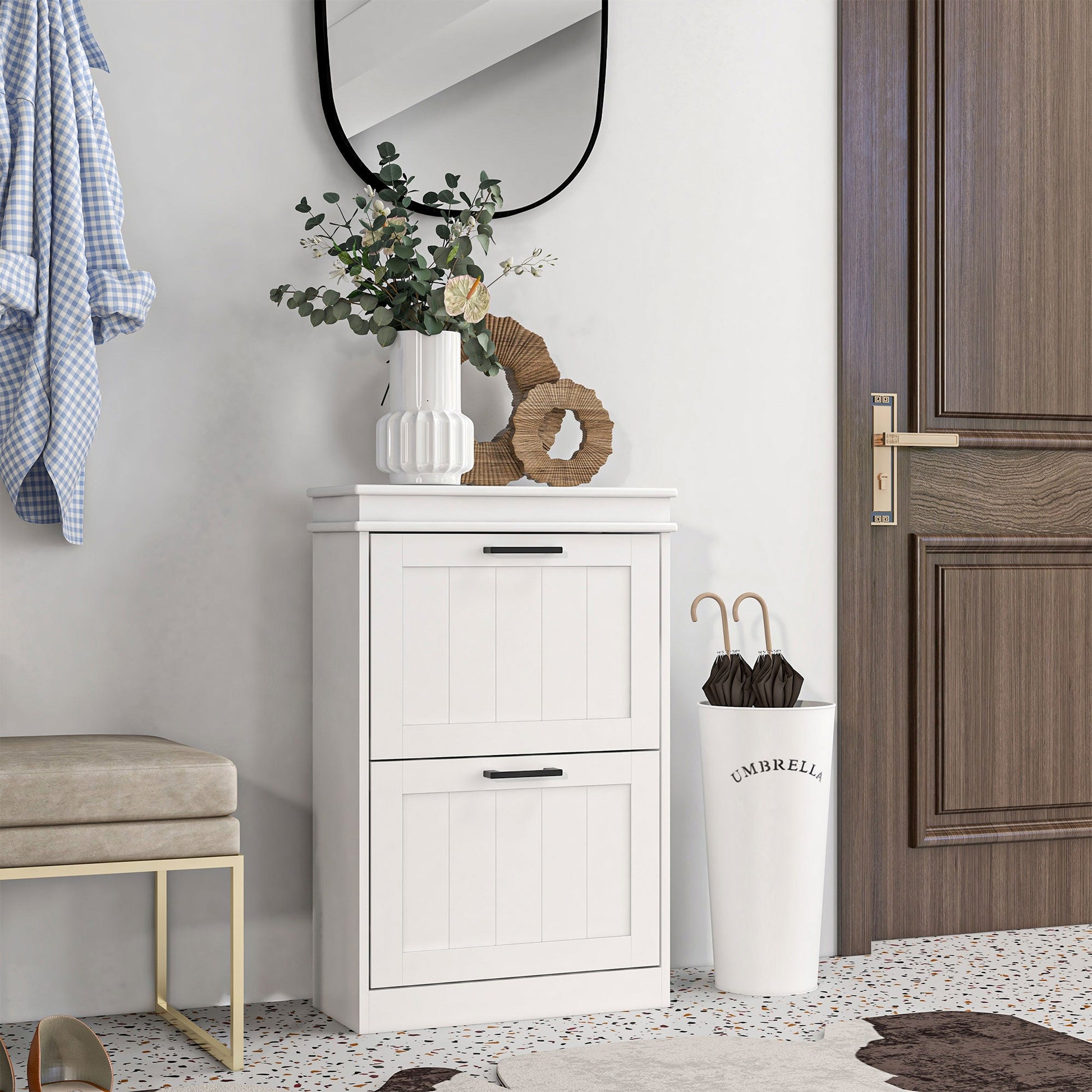 Shoe Storage Cabinet with 2 Flip Drawers and Adjustable Shelves, Narrow Shoe Cabinet for 10 Pairs of Shoes, White Shoe Storage Cabinets & Racks   at Gallery Canada