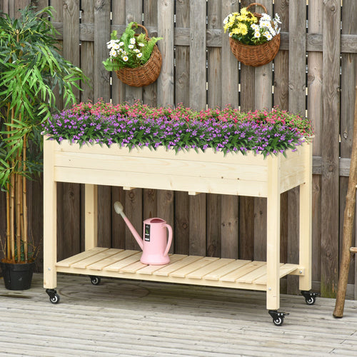 Mobile Raised Garden Bed Elevated Wood Planter Box w/ Lockable Wheels, Storage Shelf for Herbs Vegetables, Natural