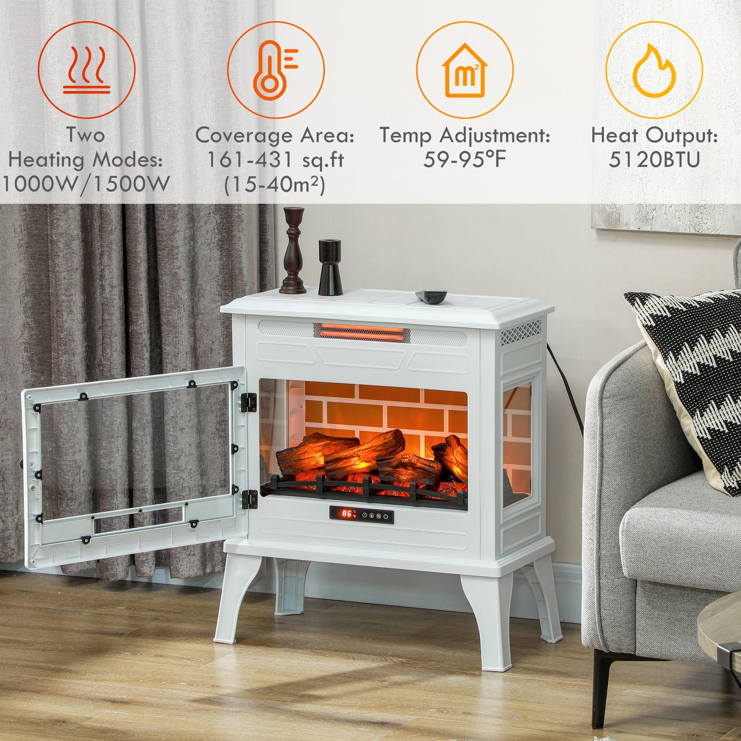 24" Electric Fireplace Stove, 1000W/1500W Freestanding Fireplace Heater with Realistic 3D Flame Effect, Remote, White Electric Fireplaces at Gallery Canada