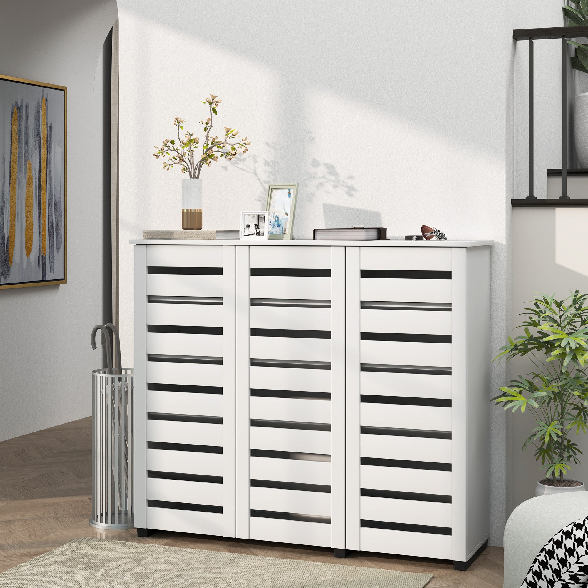 Narrow Shoe Cabinet with Slatted Doors, Adjustable Shelves for 20 Pairs of Shoes, Shoe Cabinet for Entryway, White Shoe Storage Cabinets & Racks at Gallery Canada