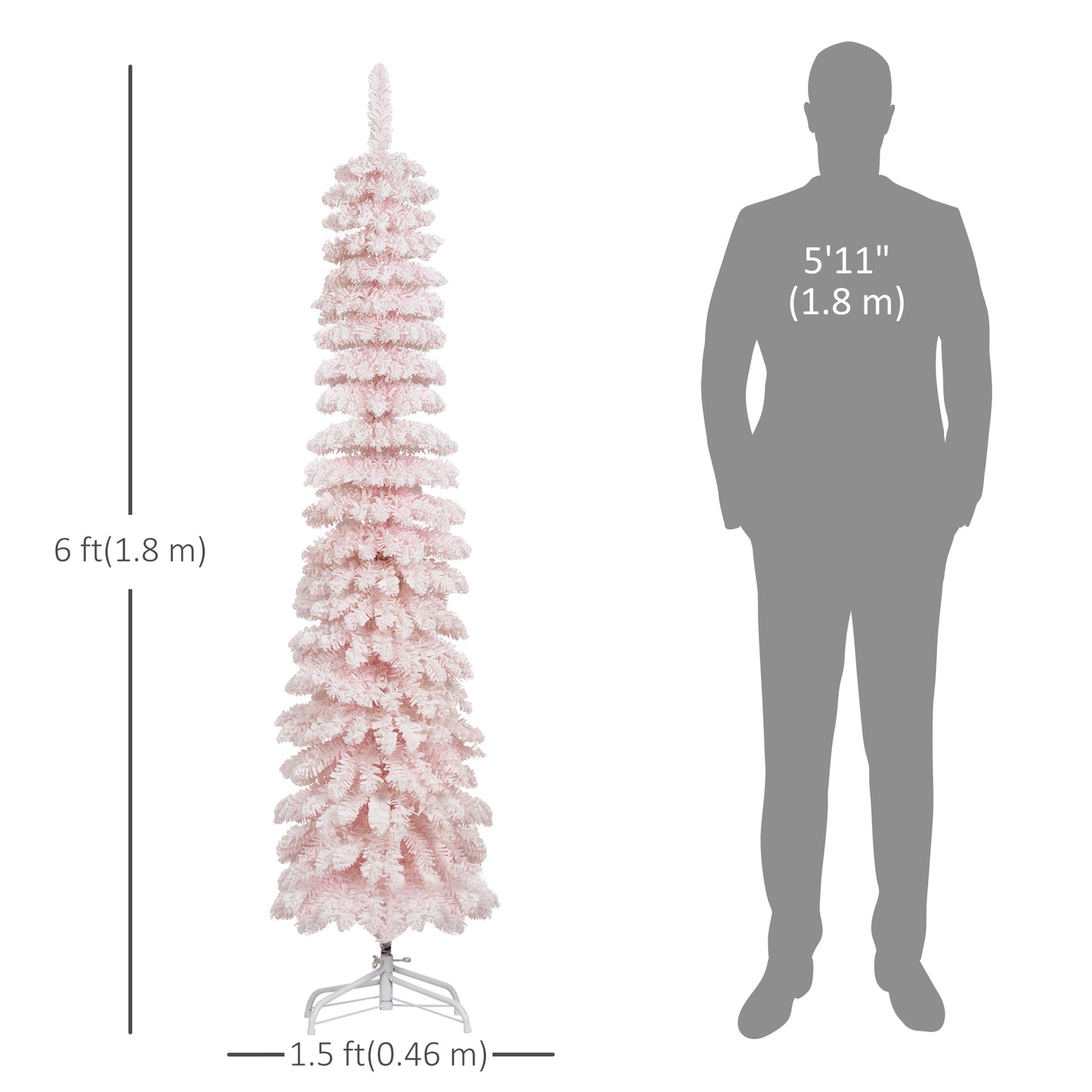 6ft Snow-Flocked Artificial Christmas Tree, Slim Pencil Xmas Tree with 395 Realistic Branches, Metal Base, Pink Pencil Christmas Trees at Gallery Canada